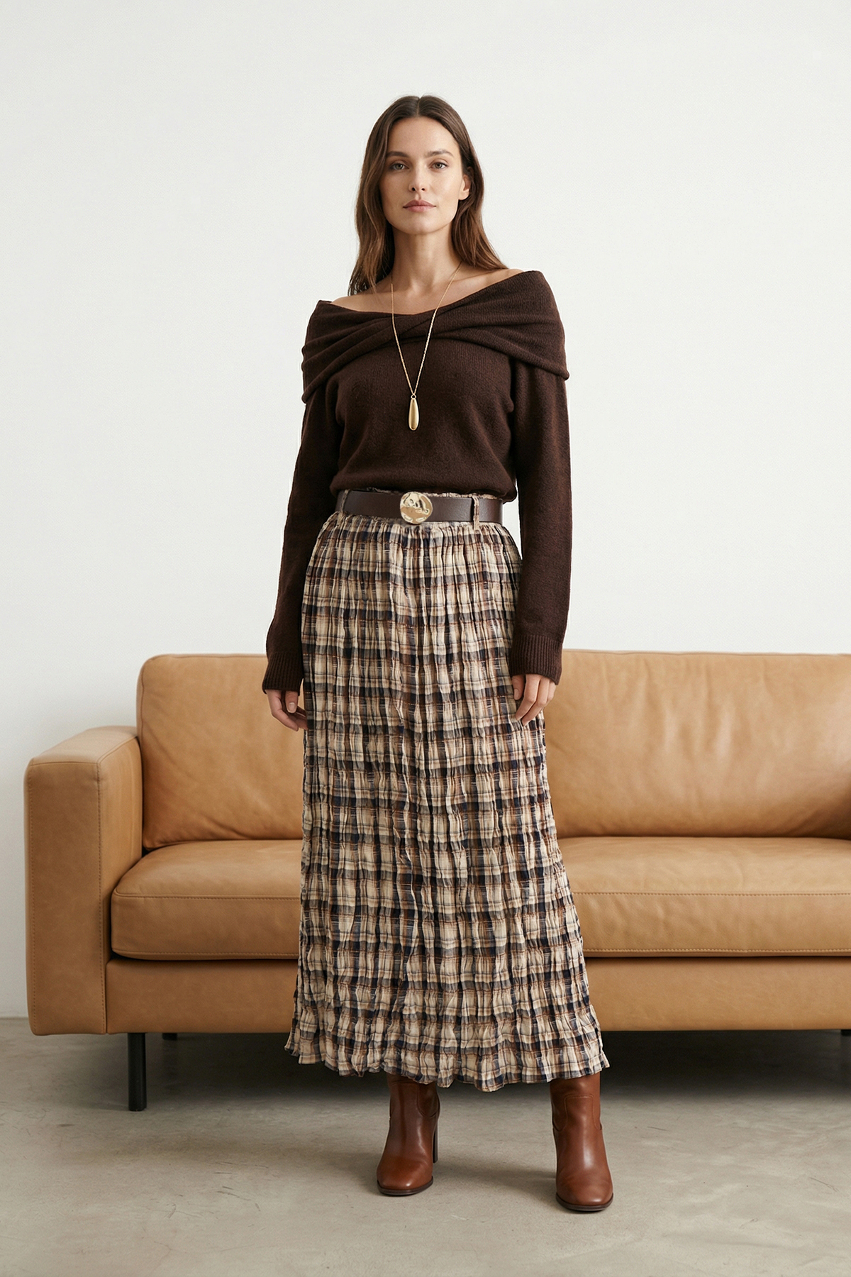 Trendyolmilla  Çok Renkli Ekoseli Kemerli Kırışık Dokuma Uzun Maxi Etek TWOAW26ET00174 - Görsel 3