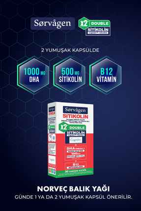 Sorvagen DOUBLE SİTİKOLİN (250 mg), DHA OMEGA 3 VE B12 (30 Kapsül)