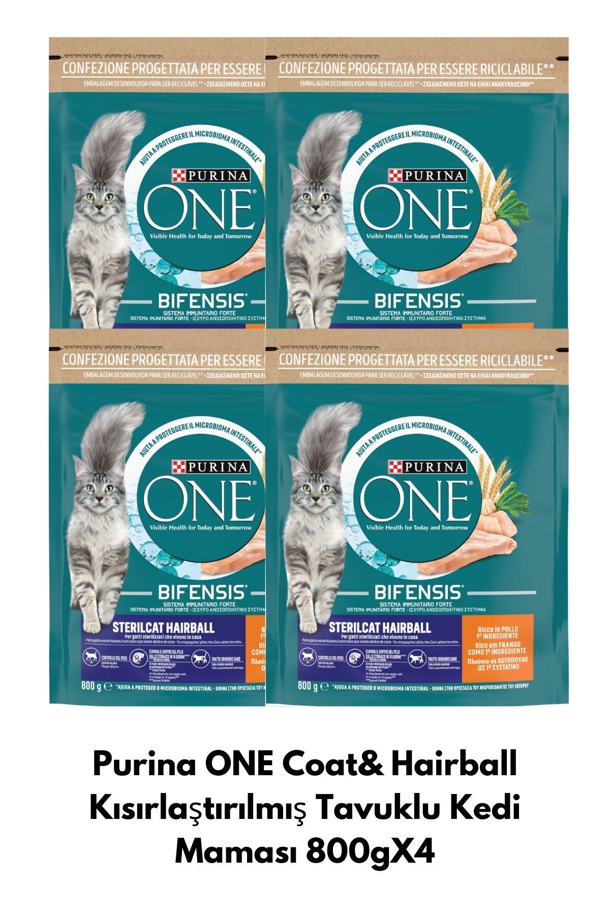 Purina One Tüy ve Tüy Yumağı Kontrolü Sağlayan Tavuklu Kısırlaştırılmış Kedi Maması 800gX4