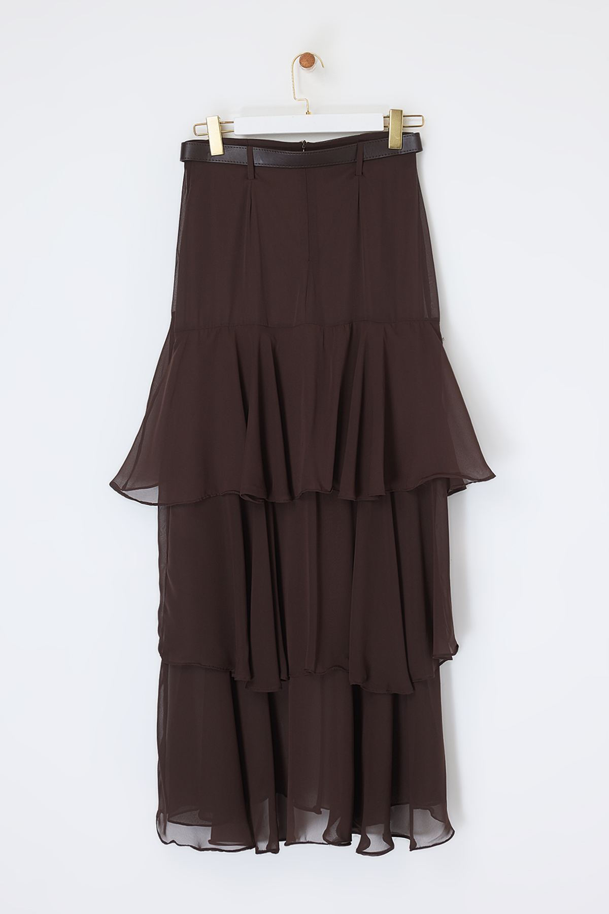 Trendyolmilla  Kahverengi Kemerli Katlı Uzun Şifon Etek TDRSS26ET00017 - Görsel 5