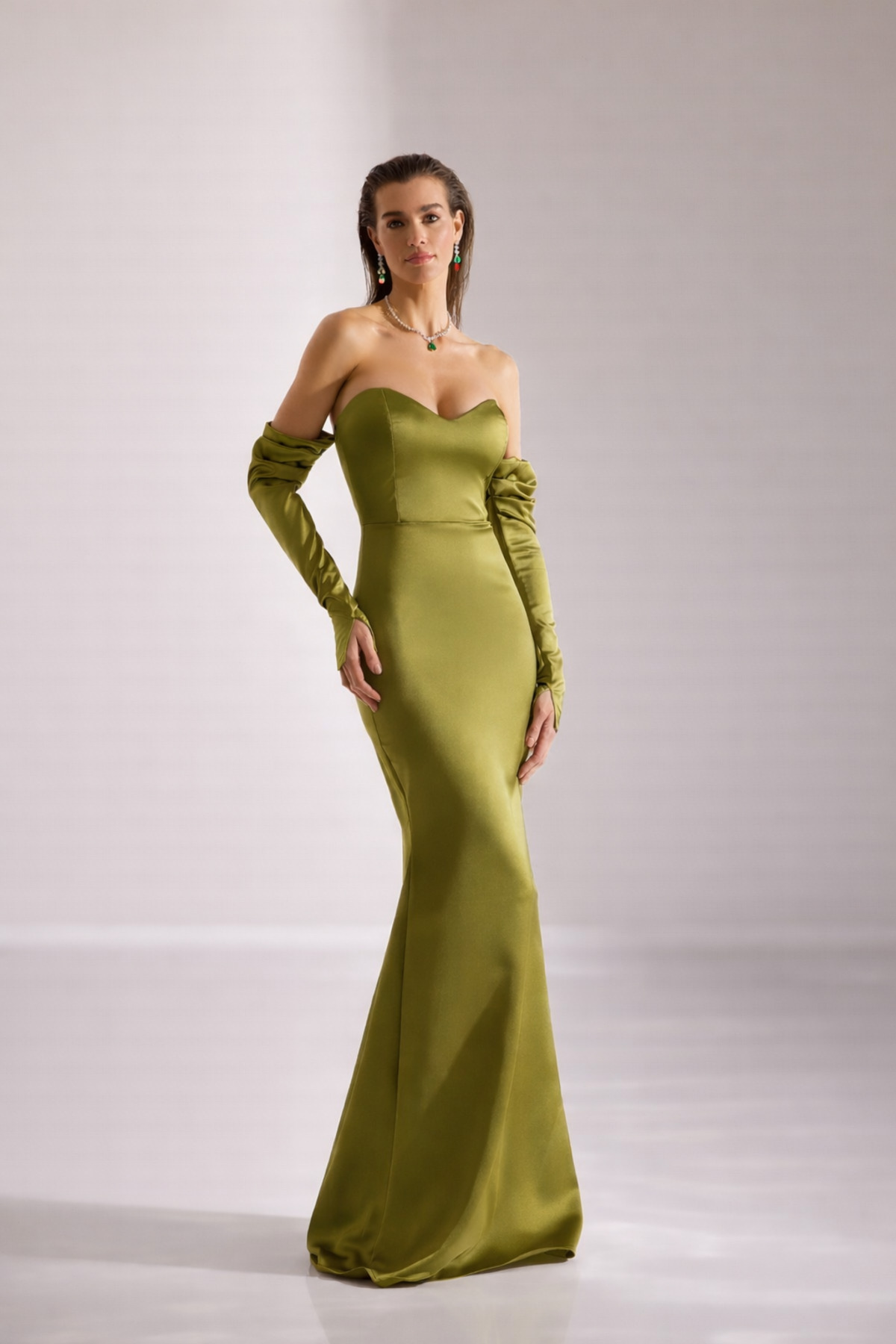 Rhineta Satin Fish Skirt Strapless Evening Dress Khaki Dress