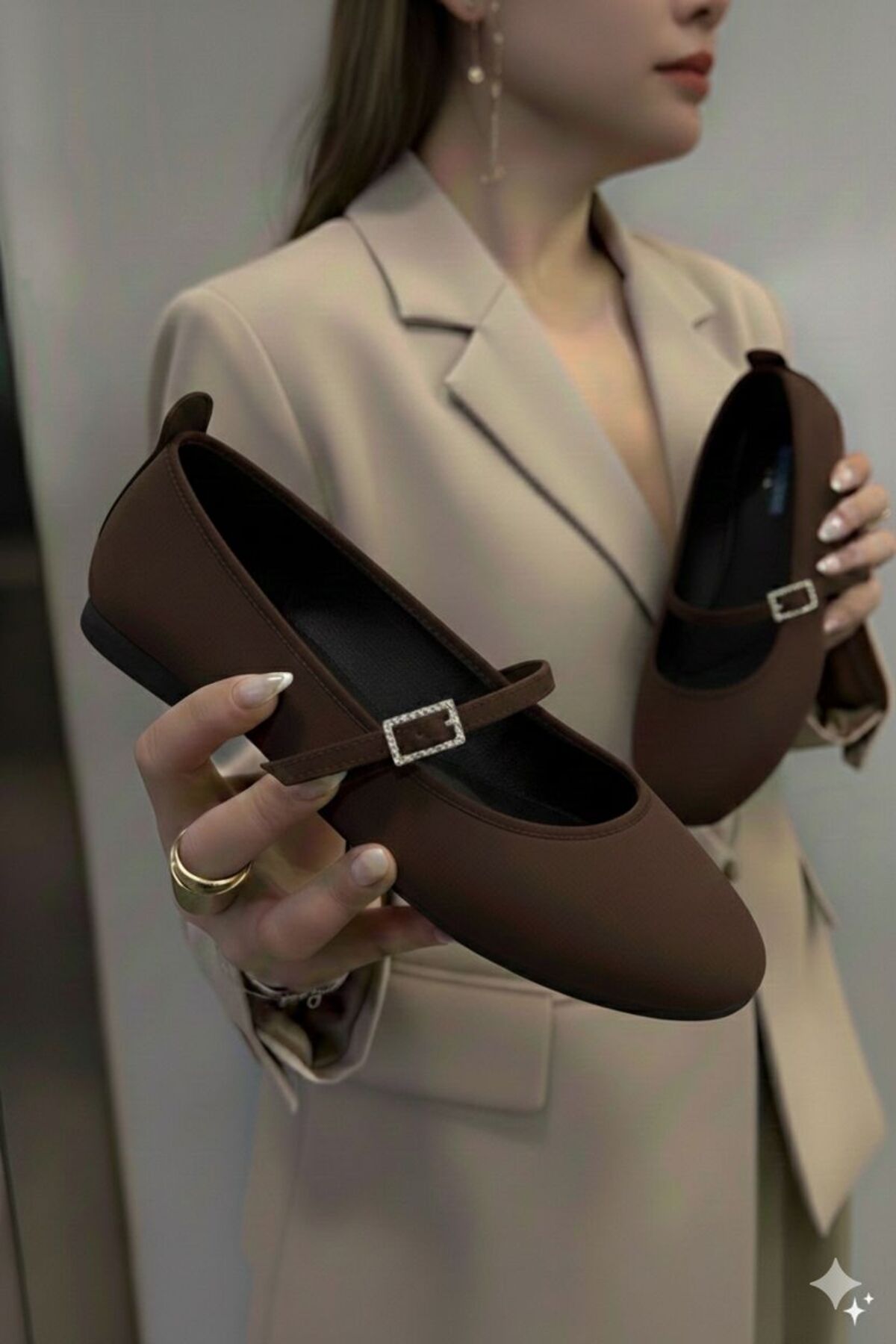 İncimoda  aci kahve Saten Kadın Ortopedik Babet Hafızalı Taban Yuvarlak Burun Balerin Ayakkabı - Görsel 2