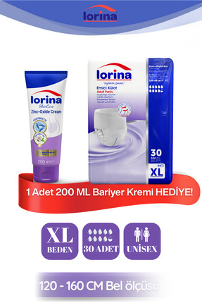 LORİNA Emici Külot Hasta Bezi Xlarge 30 Adet - 200 ML Bariyer Kremi Hediyeli