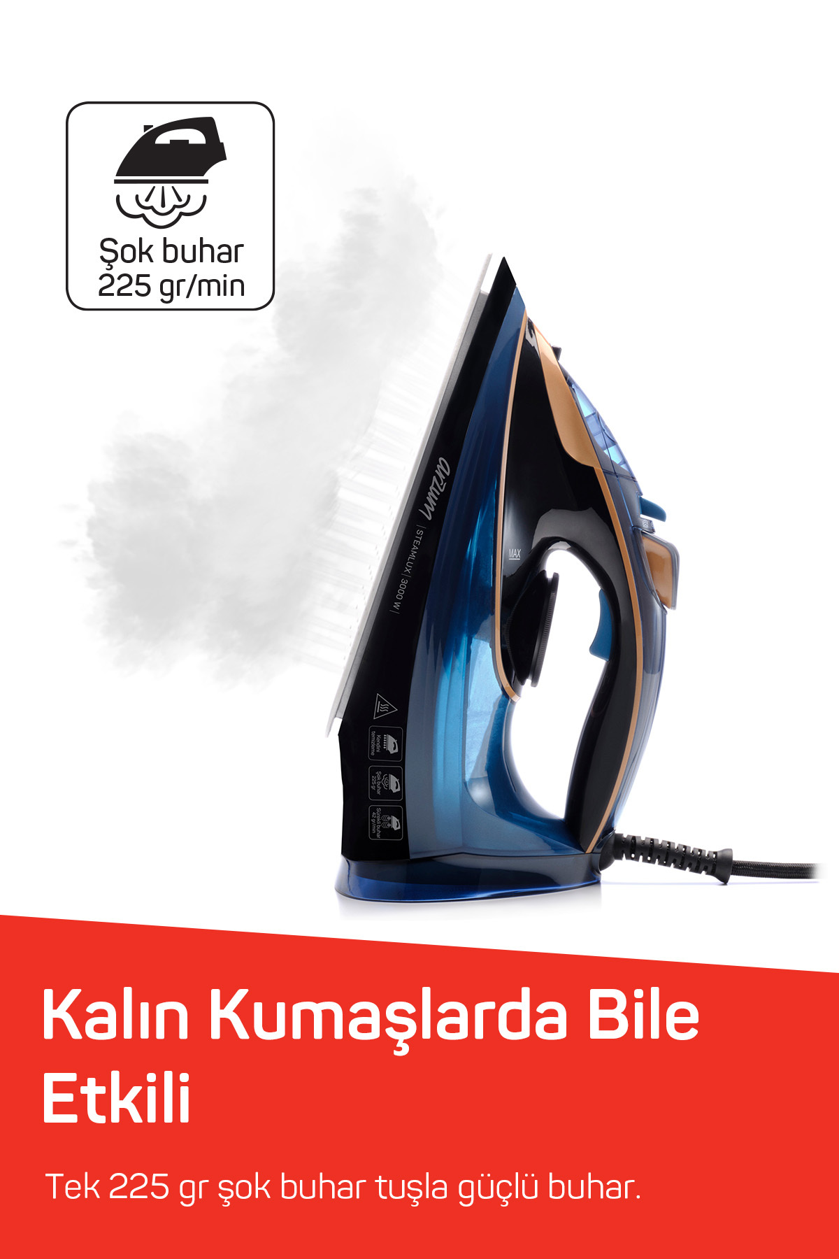 AR6043 Steamlux Buharlı Ütü Seramik Taban 3000W, 225 gr/min Şok Buhar, Mavi 6