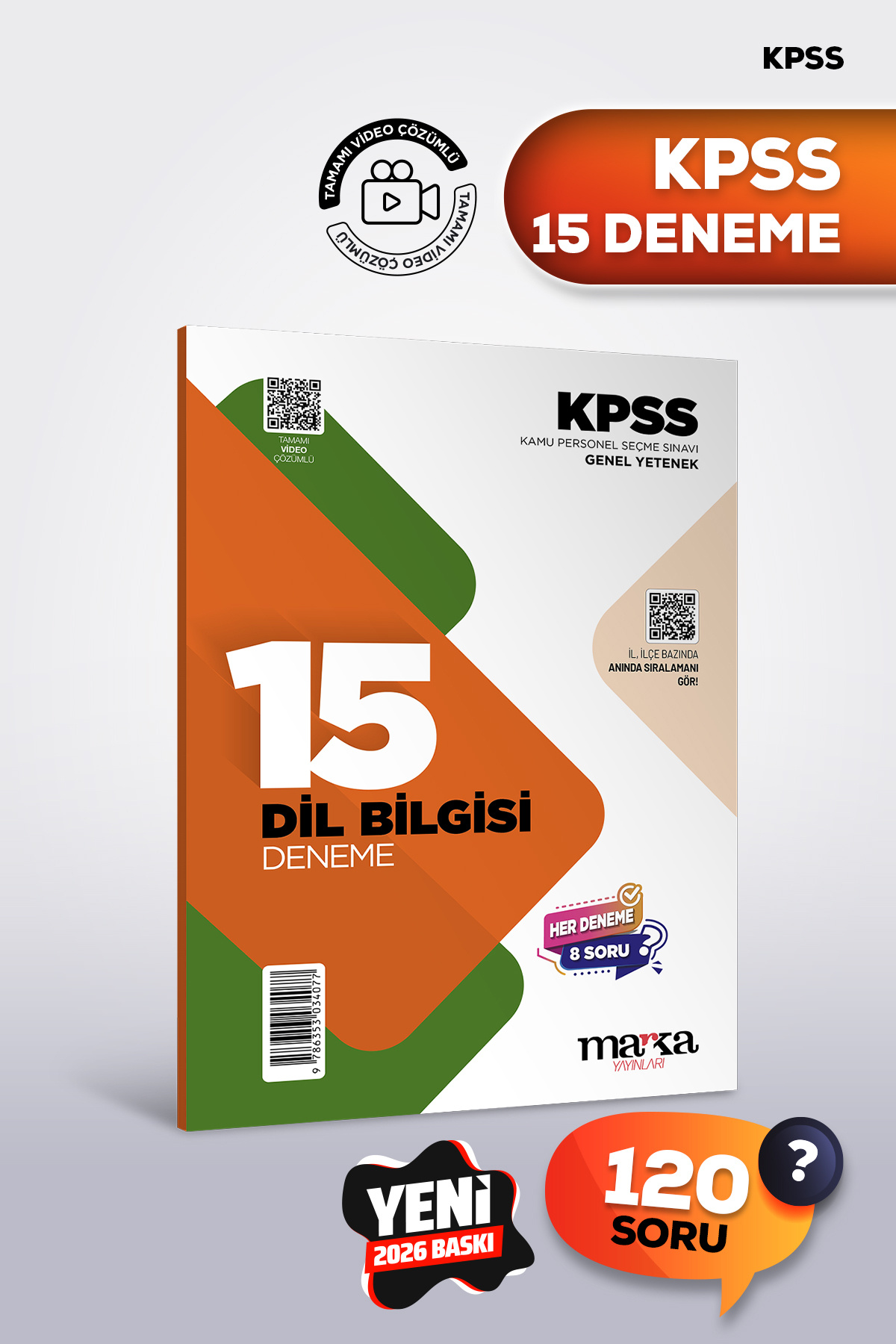 Marka Yayınları 2026 KKPSS Dil Bilgisi 15 Deneme Sınavı | 120 Soru | Tamamı Video Çözümlü - Fiyatı, Yorumları