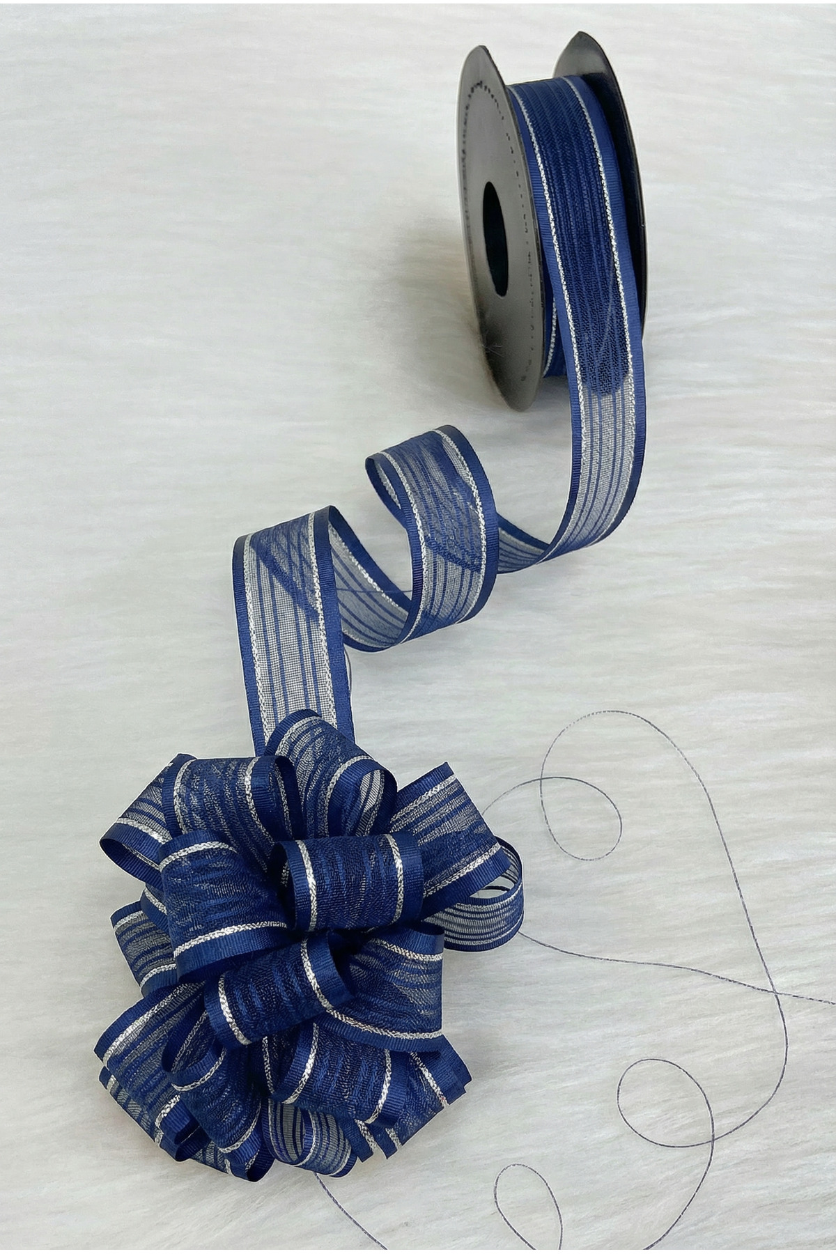 Drawing Chiffon Ribbon Navy Blue Silver Glitter 2.5cm 20mt, Bride, Bundle, Dowry, Engagement, Gift, Decoration