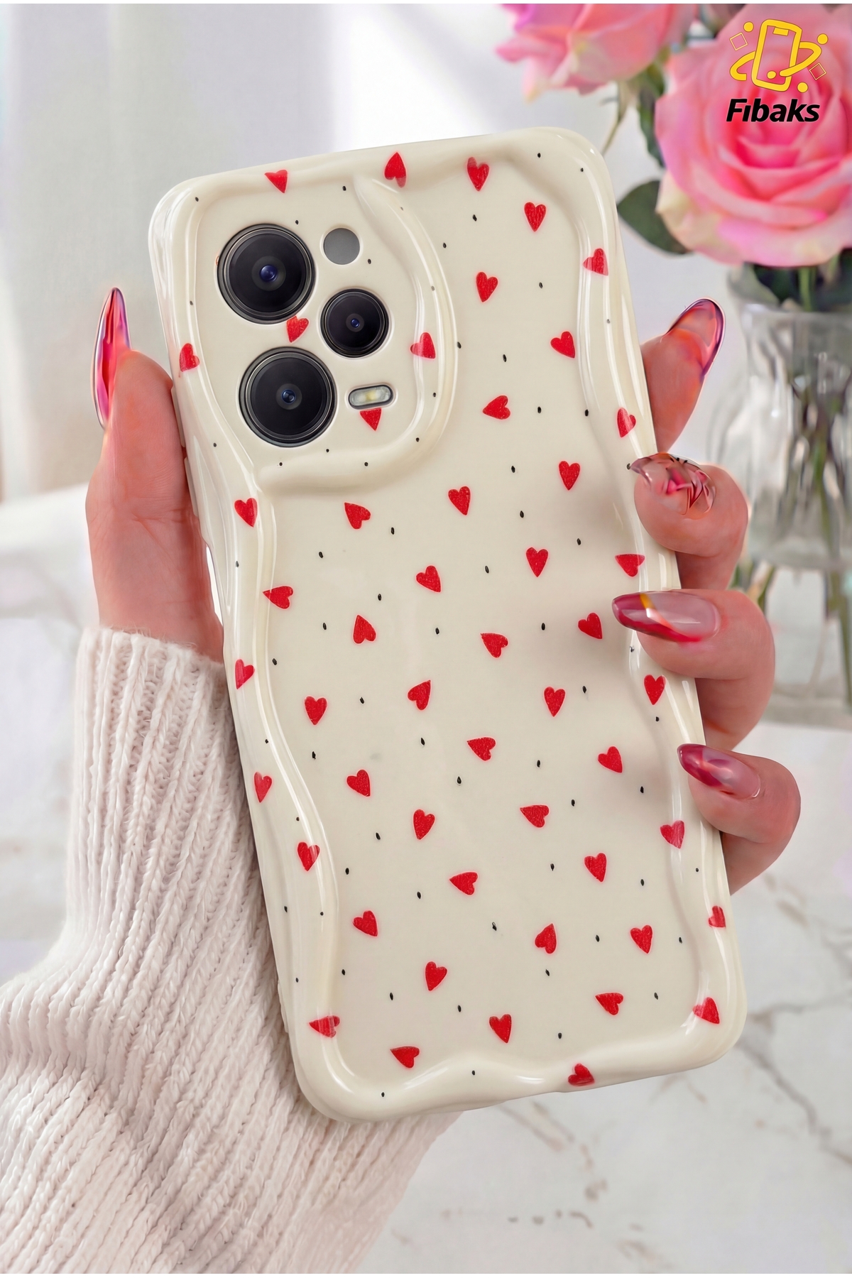 Redmi Note 12 Pro 5G Case Camera Shielded Wave Edge Red Heart Pattern Silicone Cover