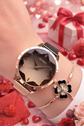 Homies Kadın Kol Saati ve Bileklik-Rose Gold ve Siyah Şık Tasarım Sevgililer ...