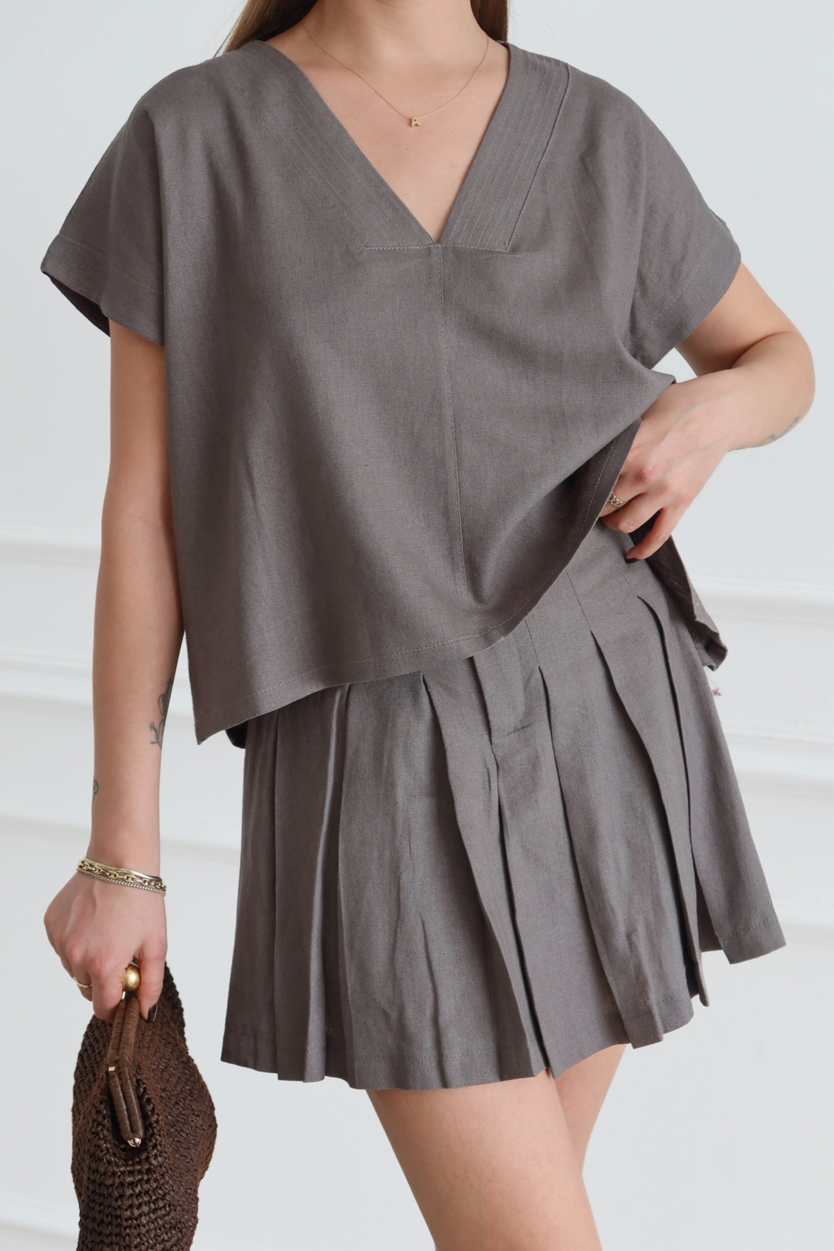 Trendyolmilla  Haki Keten Etek Bluz Dokuma Alt - Üst Takım TWOSS26AU00072 - Görsel 3