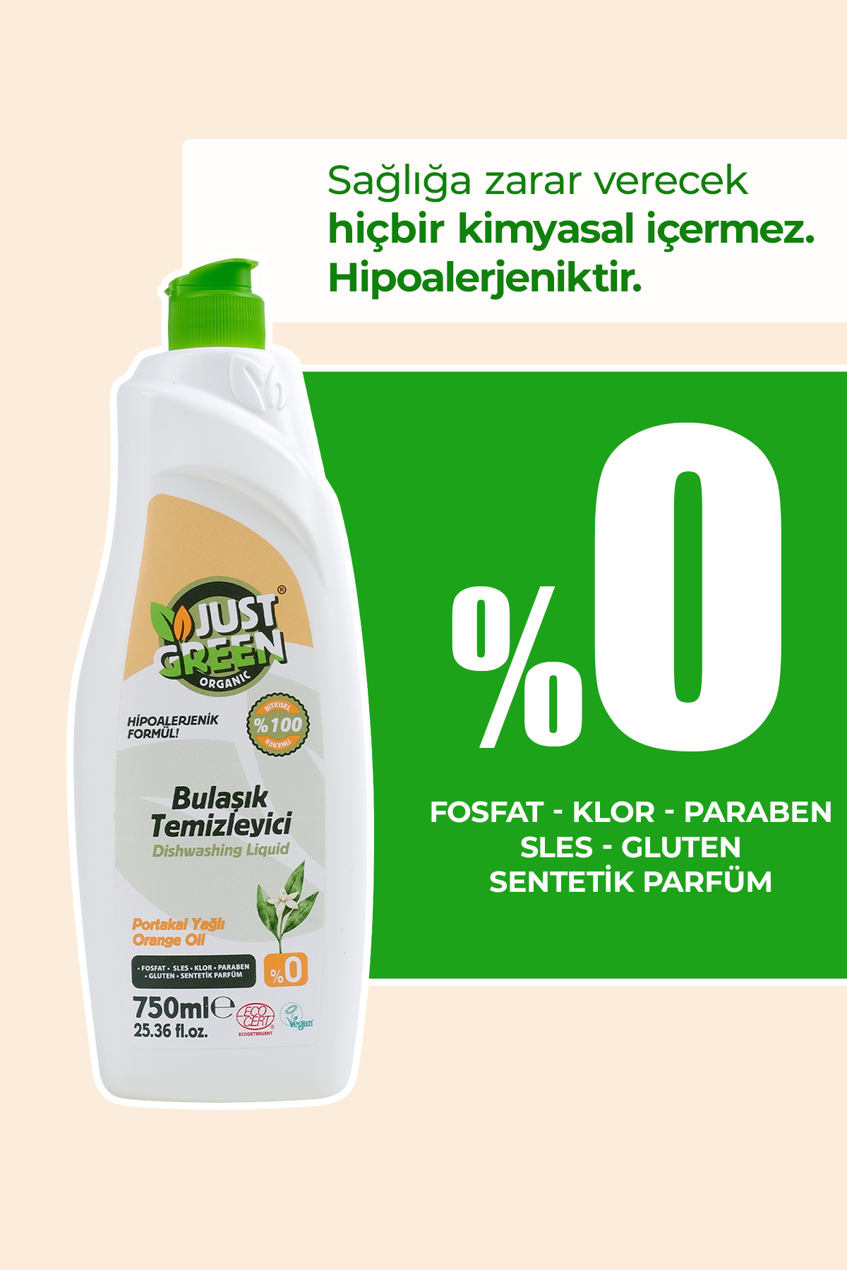 Just Green Organic Bitkisel Elde Bulaşık Deterjanı Portakal Yağlı - %100 Doğal Ve Ferah Temizlik (750 ML) Yerli Üretim fotoğrafı 2 (önizleme)