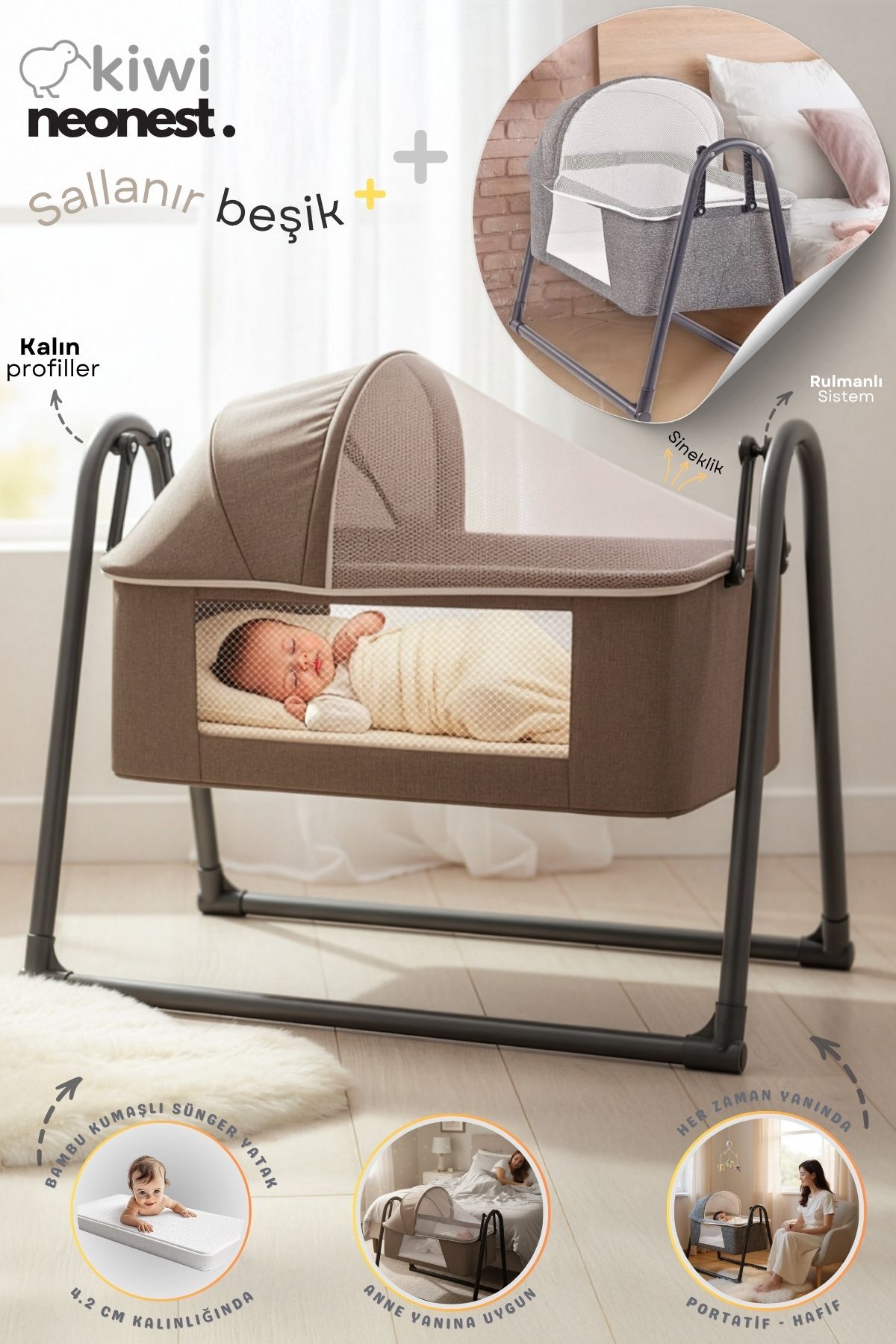 Kiwi Neonest Anne Yanı Cibinlikli Ve Tenteli, Sallanır. Keten , Portatif Sepet Beşik fotoğrafı 2 (önizleme)