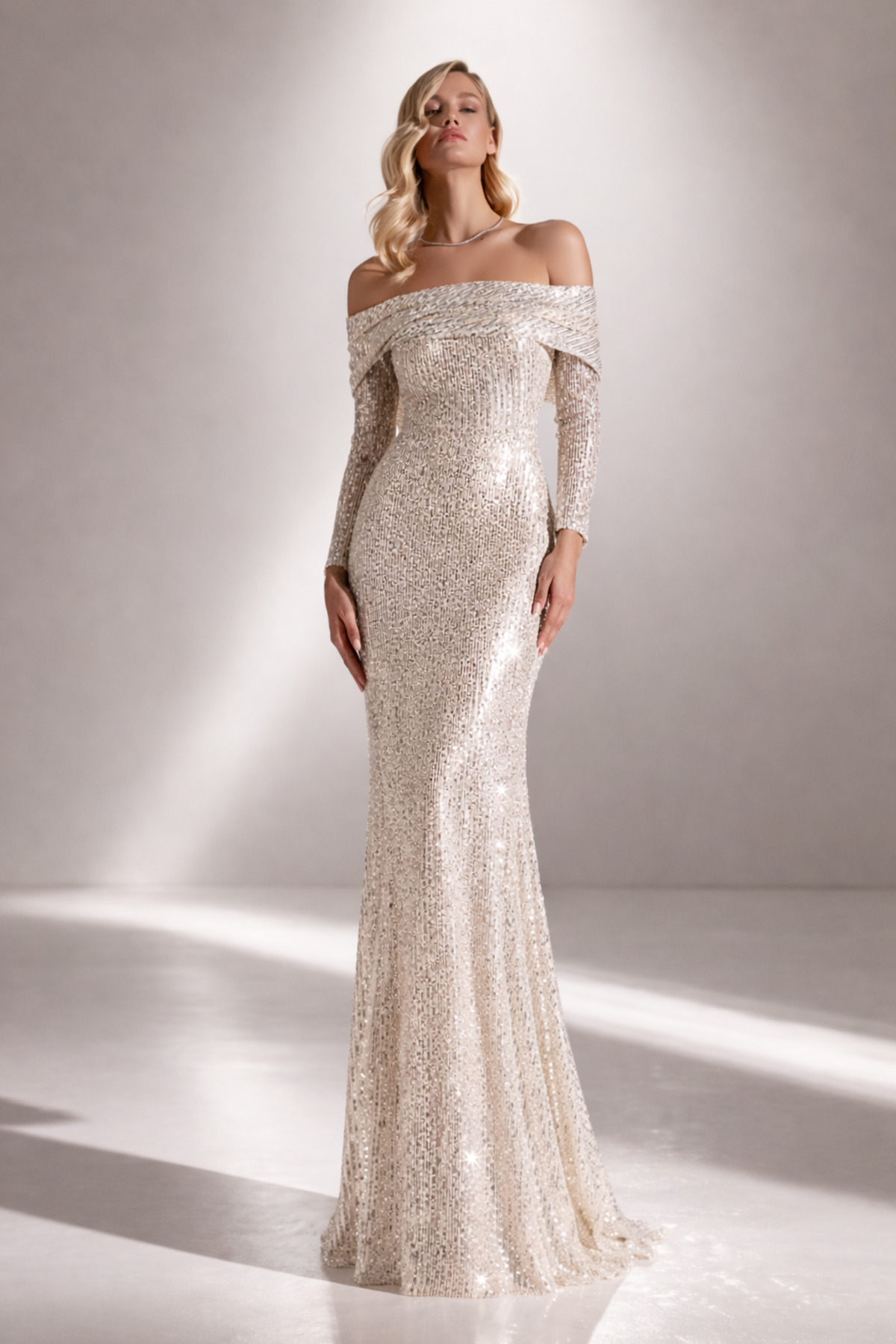 Claire Sequin Shimmering DORE Low Shoulder Wedding Dress