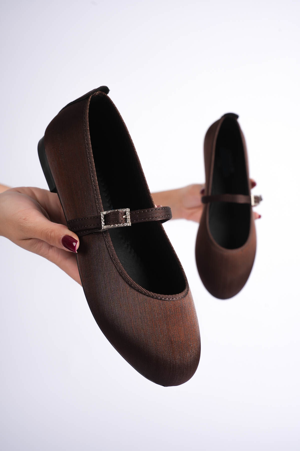 İncimoda  aci kahve Saten Kadın Ortopedik Babet Hafızalı Taban Yuvarlak Burun Balerin Ayakkabı - Görsel 3