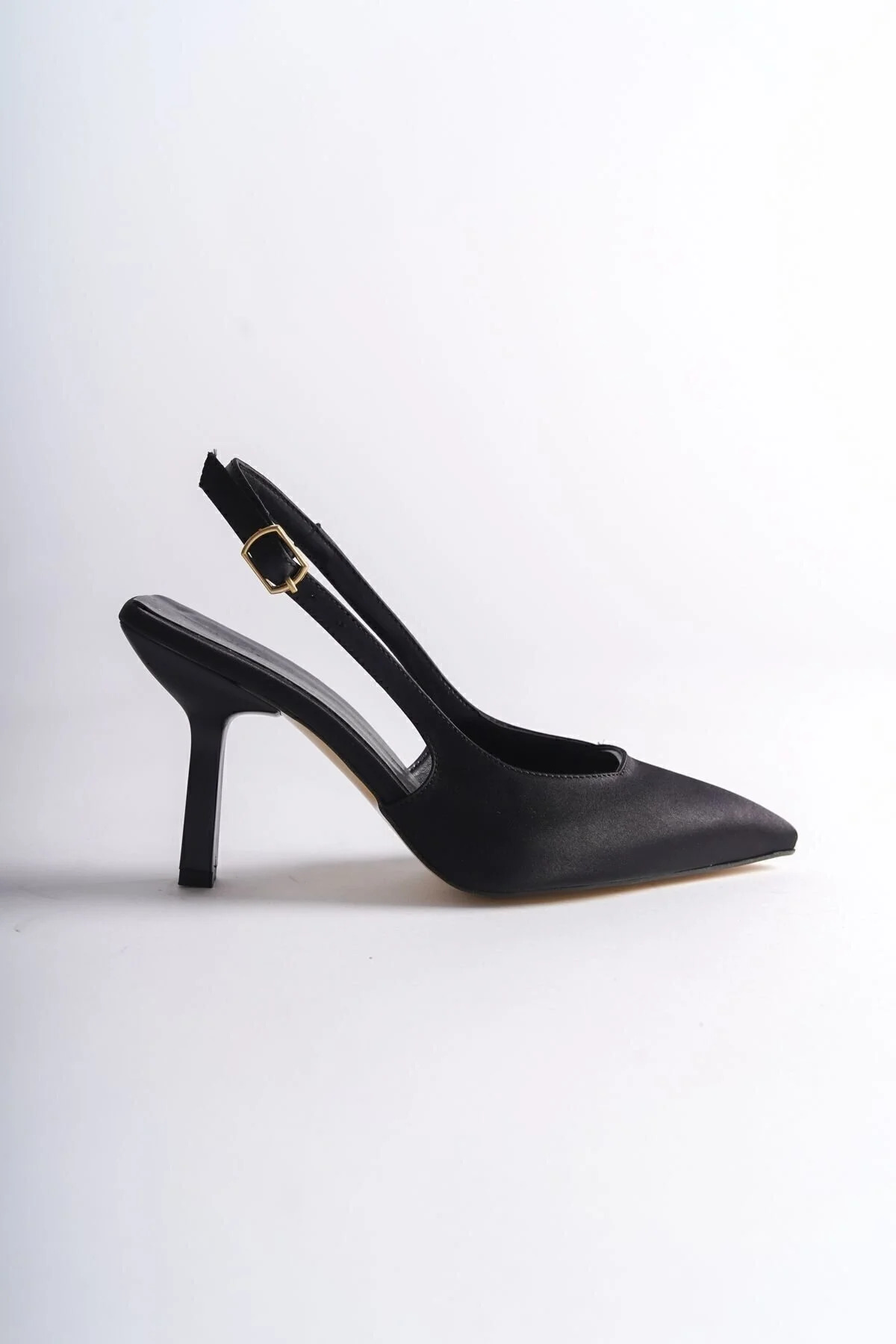 Genel Markalar  Saten Stiletto Sivri Burun Arkası Bantlı Topuğu Açık Günlük Rahat Kadın Topuklu Ayakkabı - Görsel 3