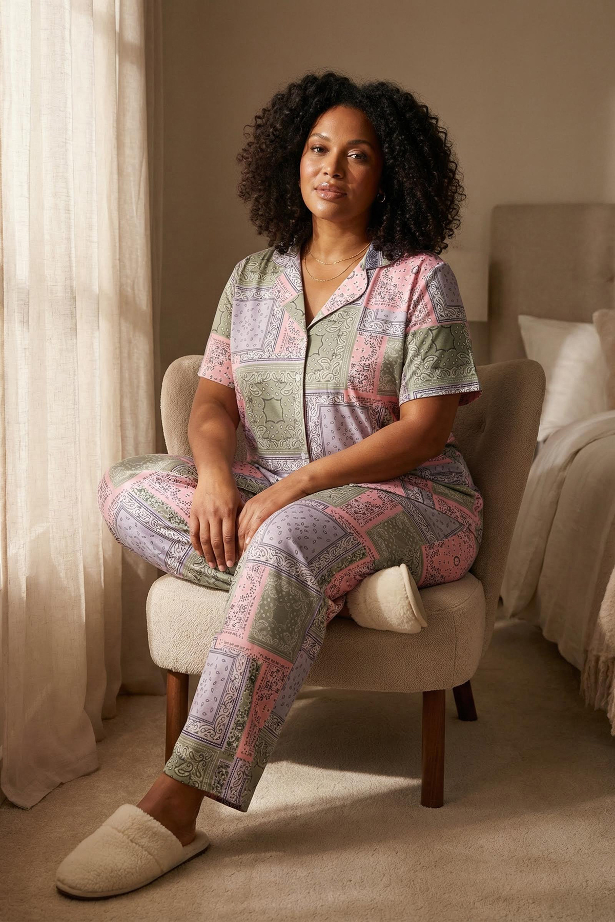 Trendyolmilla Curve Çok Renkli Etnik Desenli Gömlek Yaka Büyük Beden Pijama Takımı TBBSS26AI00009