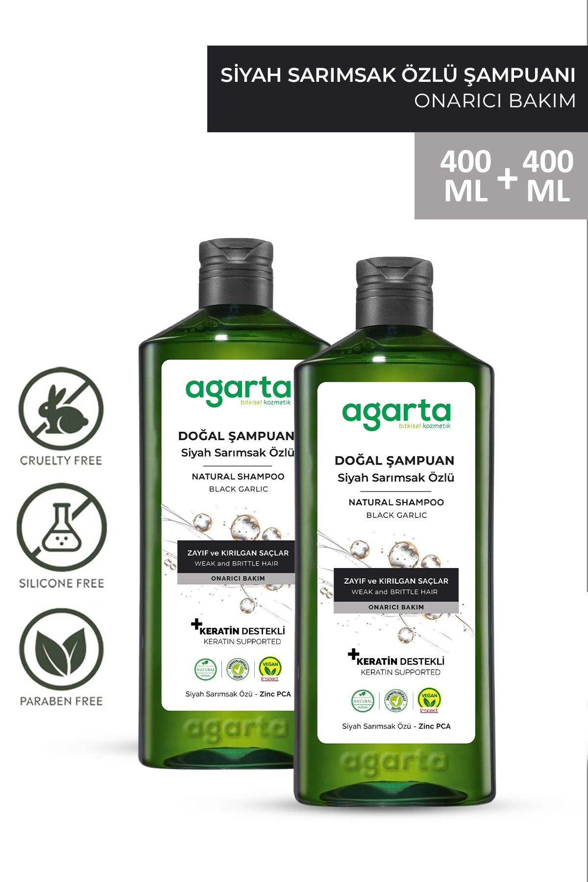 Agarta 2 Adet Doğal Siyah Sarımsaklı Şampuan Saç Dökülmesine Karşı 400 ml
