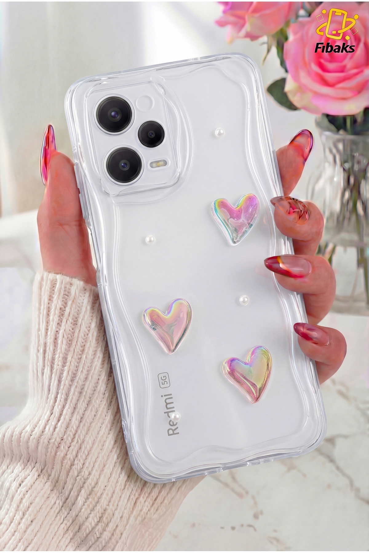 Redmi Note 12 Pro 5G Case 3D Heart Pearl Design Patterned Camera Protected Silicone Cover