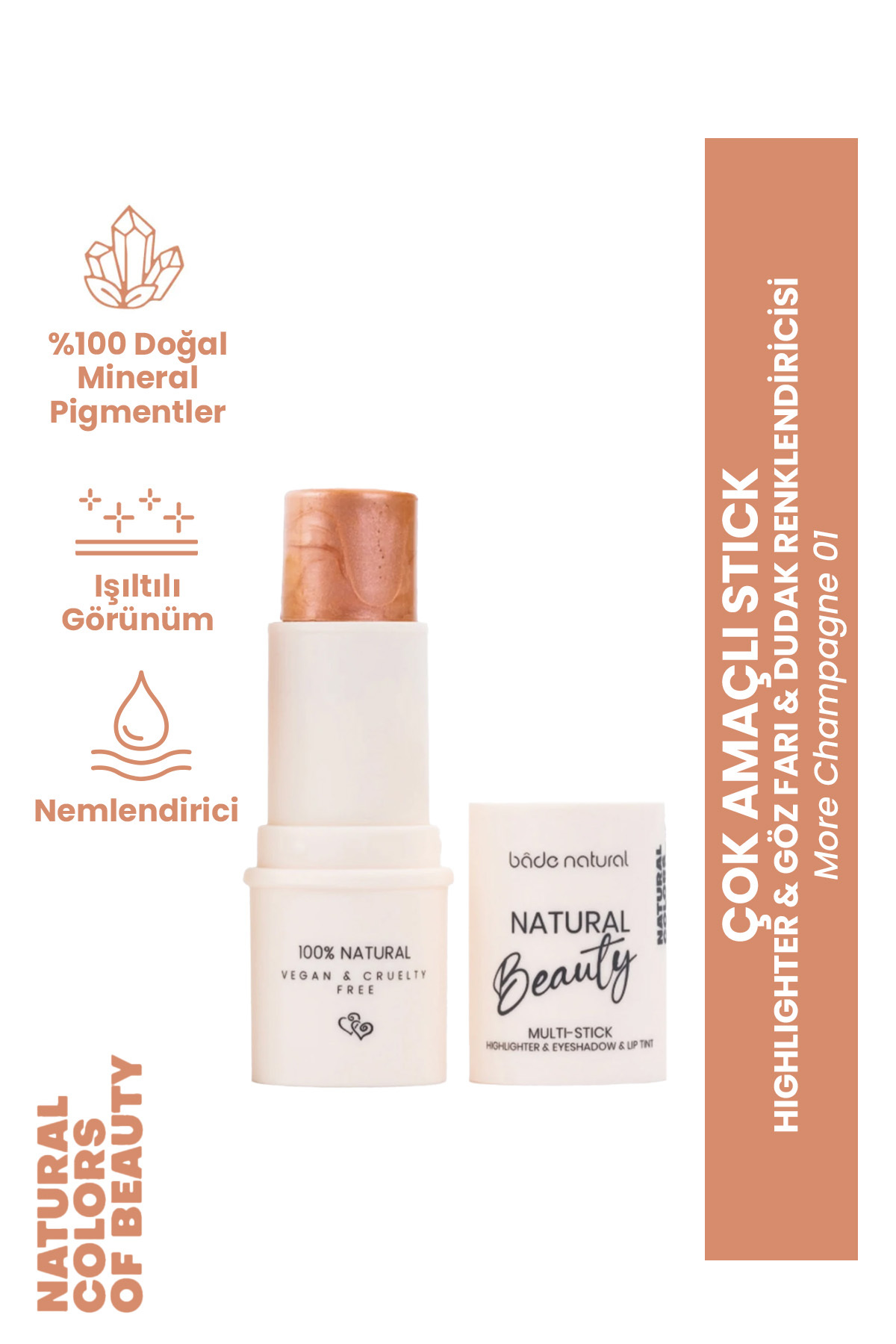 Bade Natural Highlighter & Far & Dudak Renklendirici Çok Amaçlı Stick More Champagne 01 %100 Doğal - Fiyatı, Yorumları