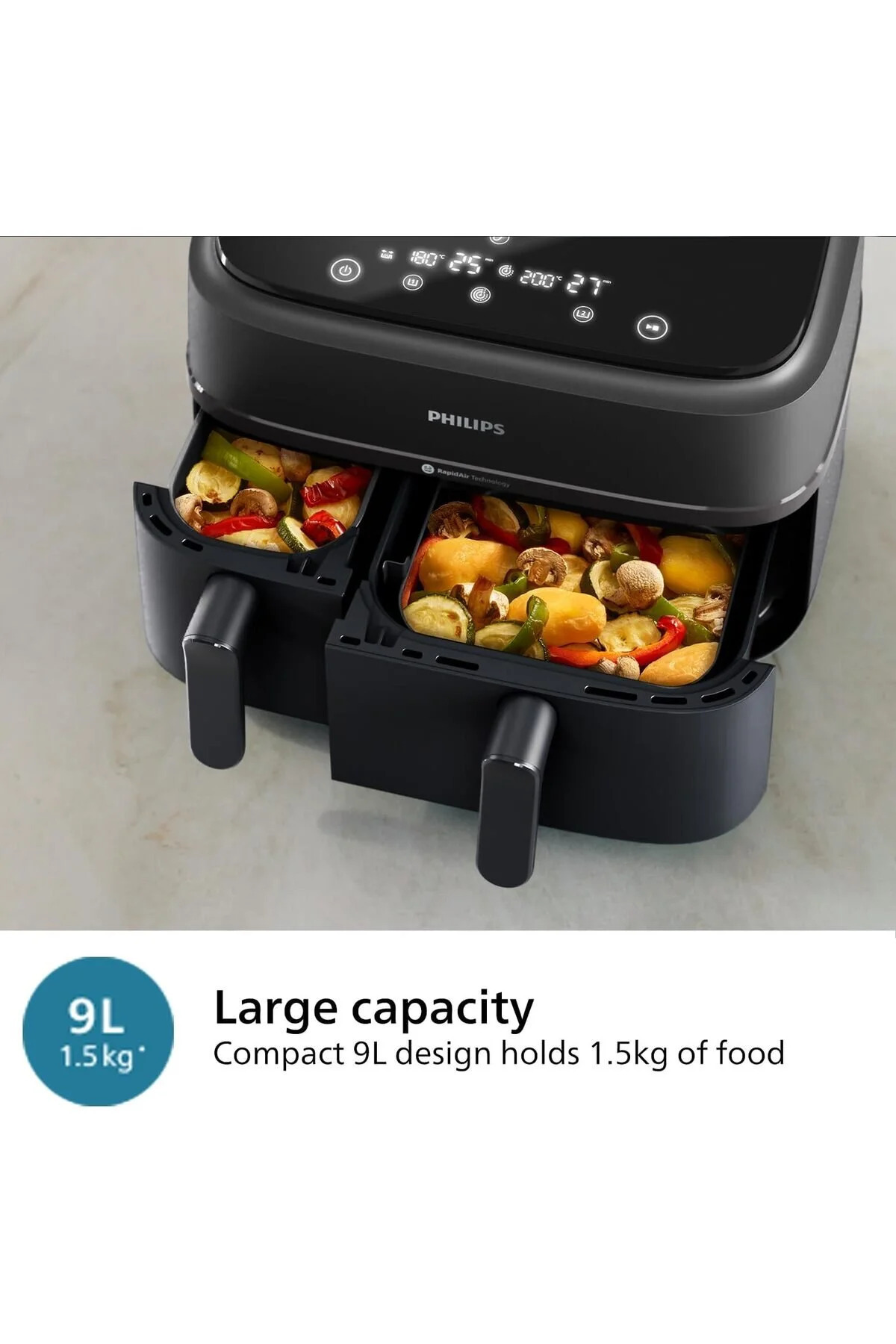 Philips Dual Basket Airfryer 9L Aile Boyu Kapasite, Rapid Air Plus Teknolojisi, 8 Ayarlı Dijital Ekran