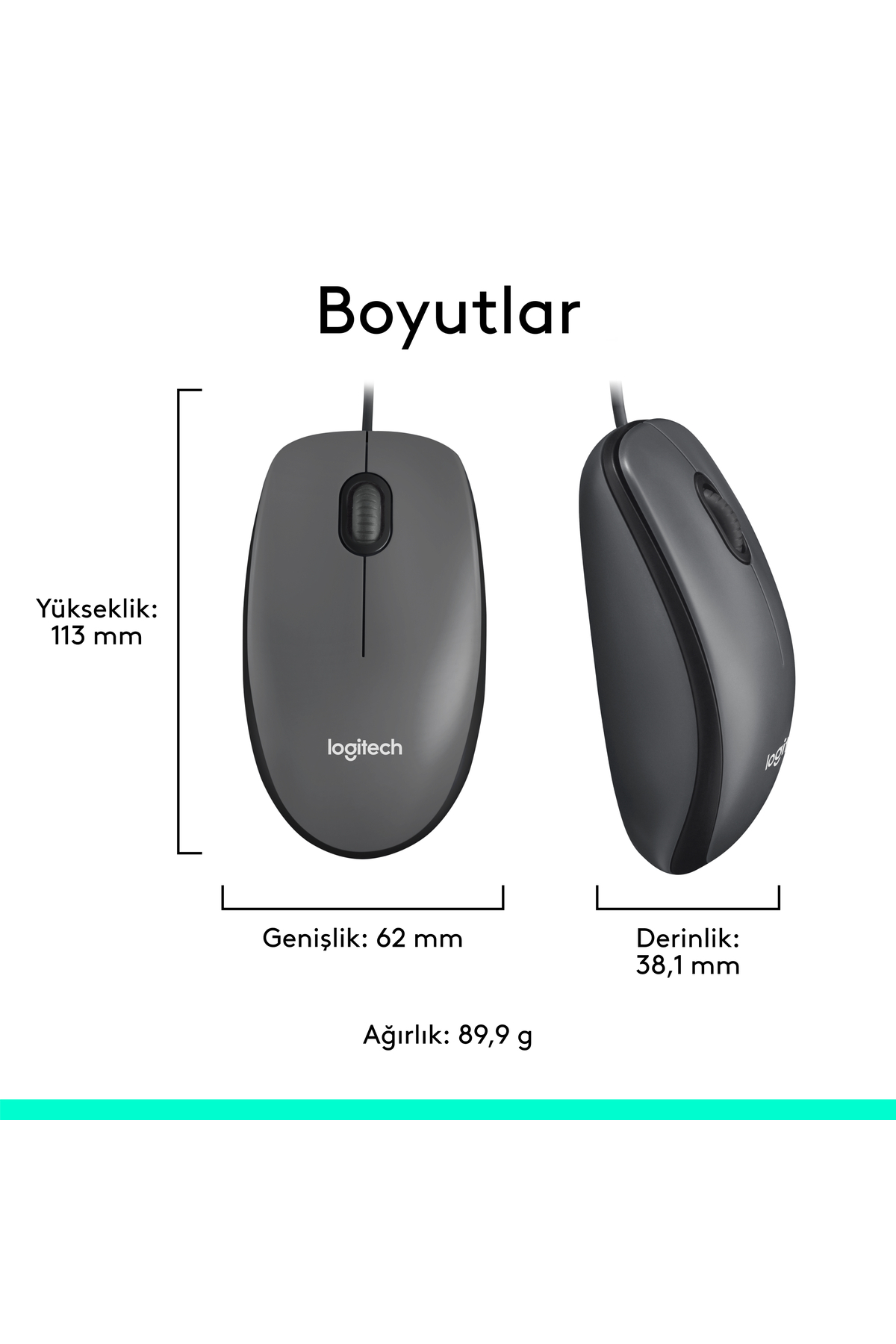 M100 USB Kablolu 1000 DPI Mouse, Siyah 910-006652 10
