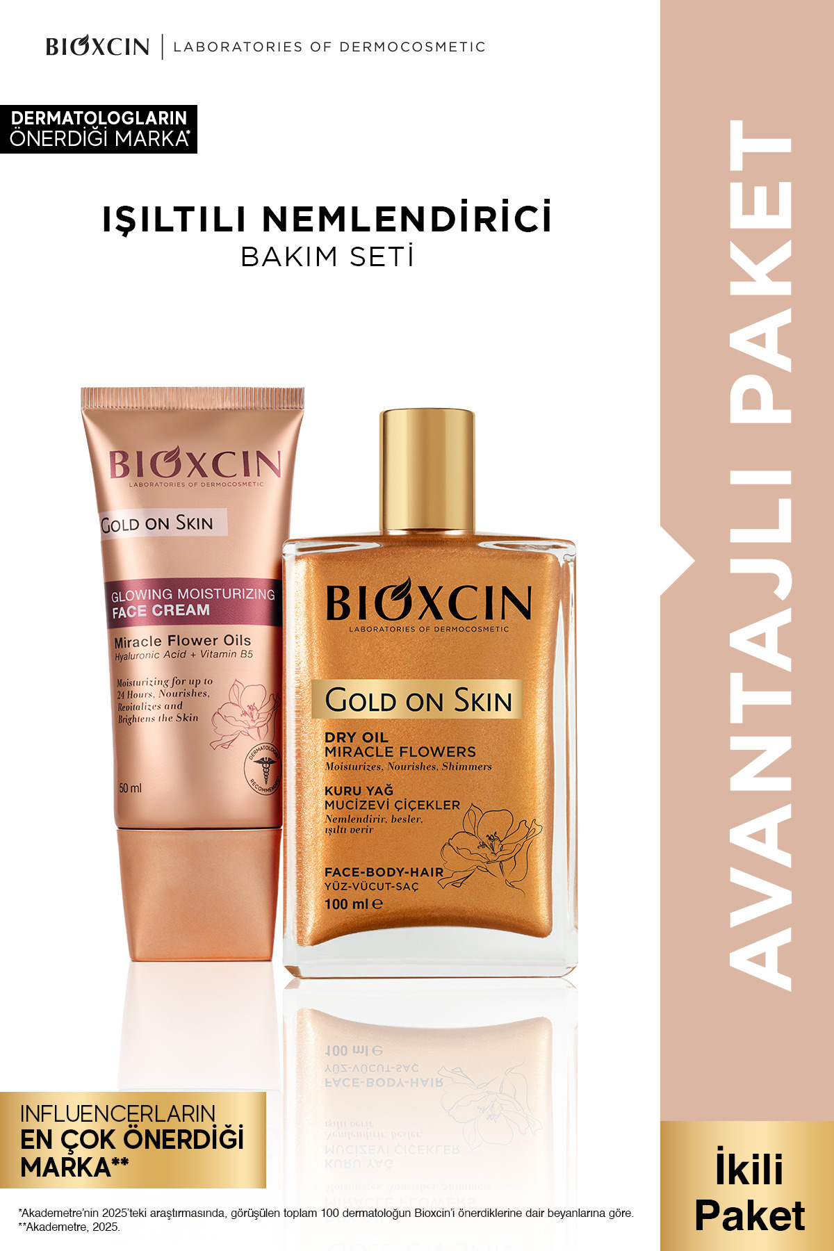 Gold On Skin Işıltılı Yüz Kremi 50 Ml + Altın Parıltılı Simli Kuru Yağ 100 ml Seti — B10359