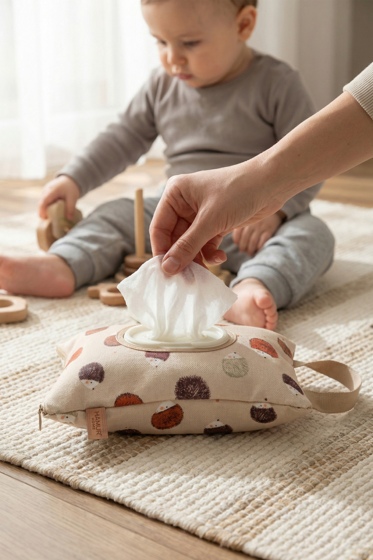 HAMUR Askılı Taşınabilir Anne Bebek Fermuarlı Islak Mendil Kılıfı Bebek Arabası Beşik Kenarı Çanta Urcin fotoğrafı 2 (önizleme)
