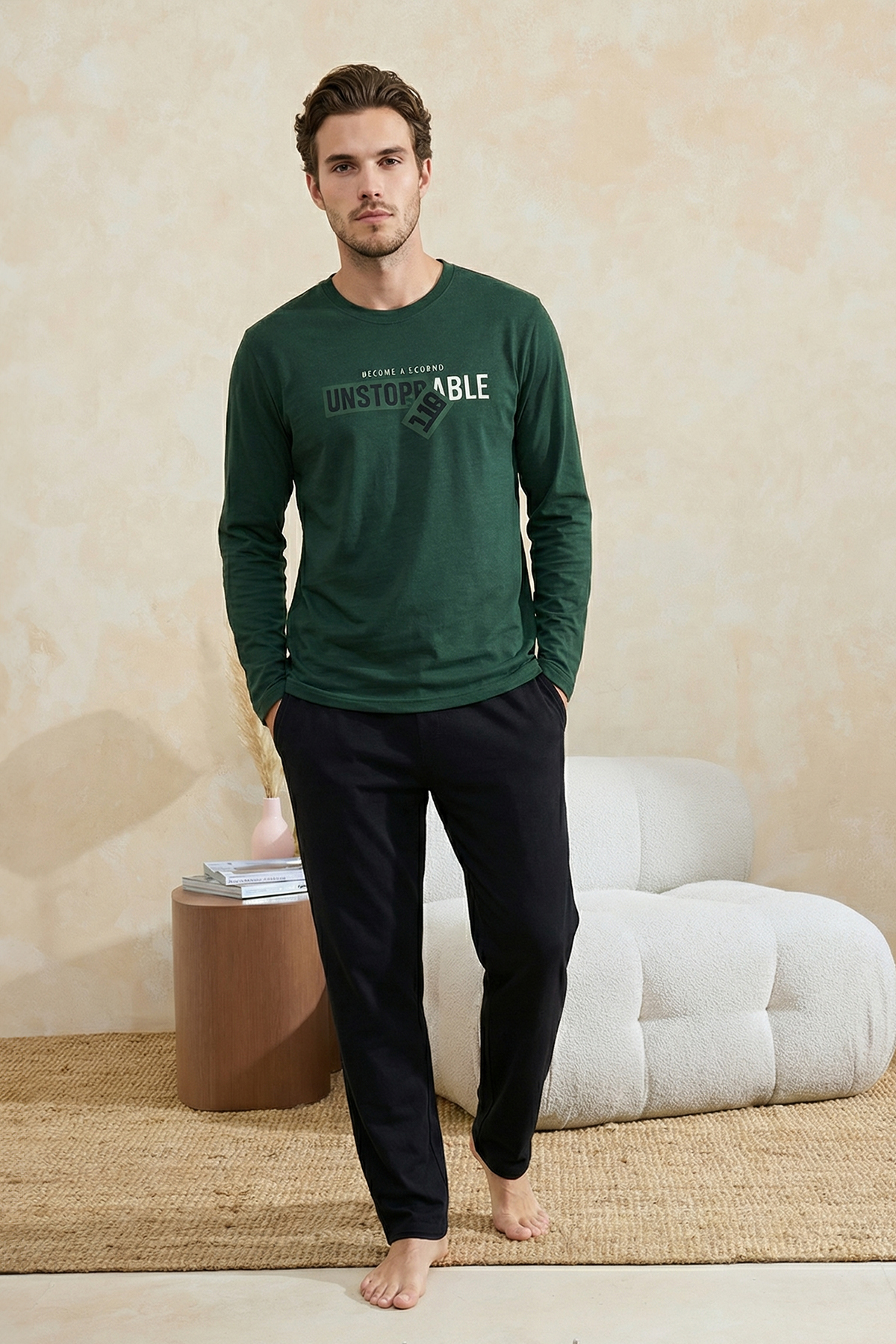 Trendyolmilla Man Yeşil Regular Fit Baskılı Örme Pijama Takımı TMNAW26PT00081