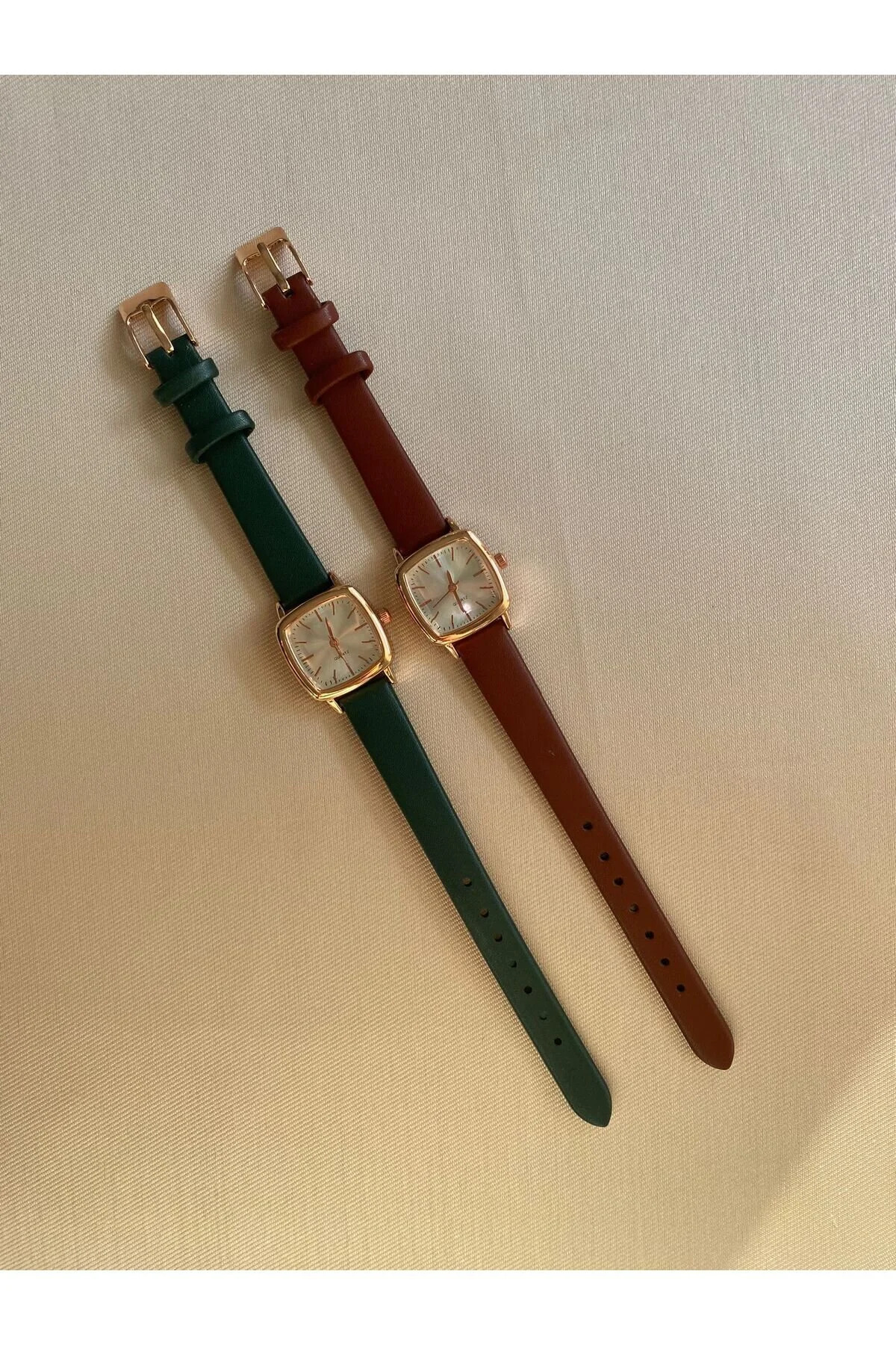 QUARTZ  Retro Minimal Koyu Kahve Renk Kordon Kadın Kol Saati Gold Kasa - Görsel 2