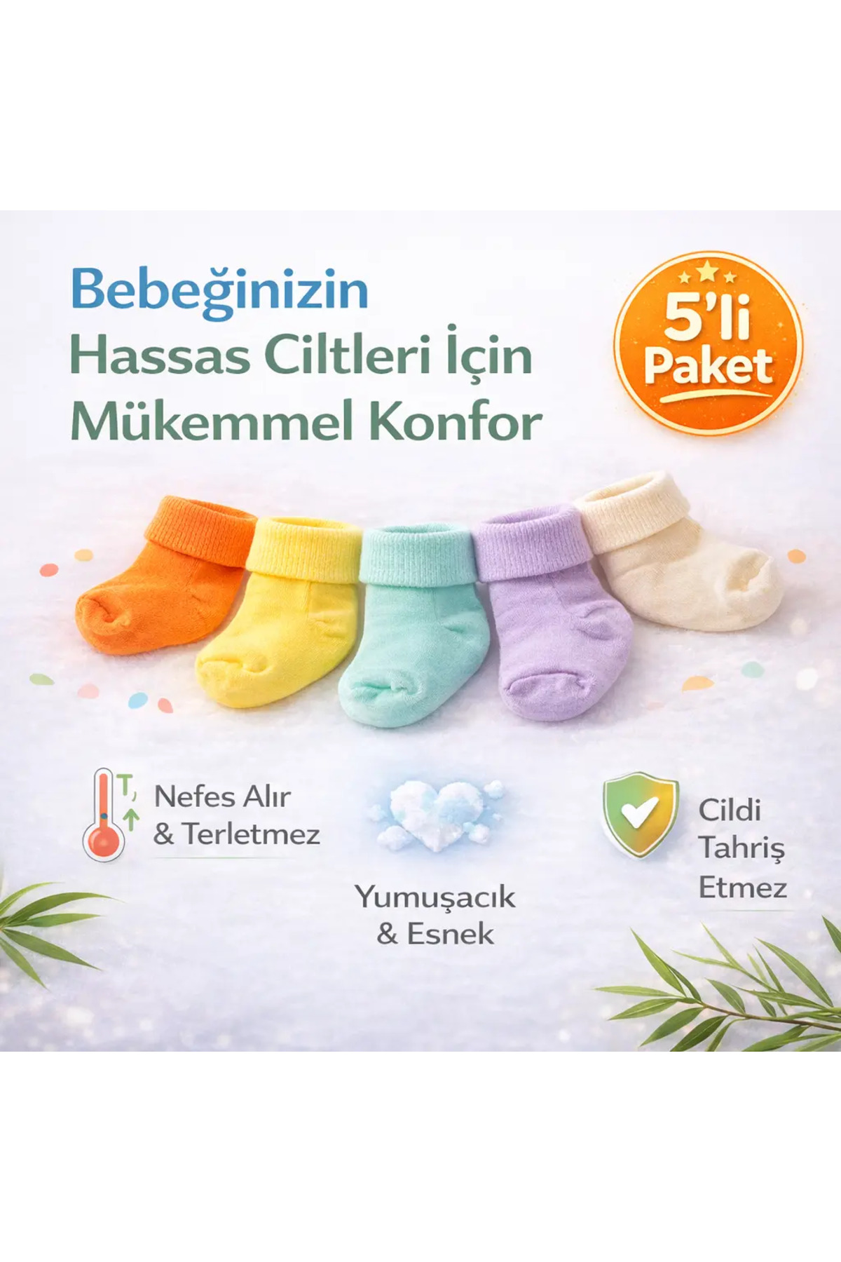 Novibaby 5'li Bambu Yenidoğan Bebek Çorap I Colour Mix I Kız Erkek Bebek Çorabı fotoğrafı 6 (önizleme)
