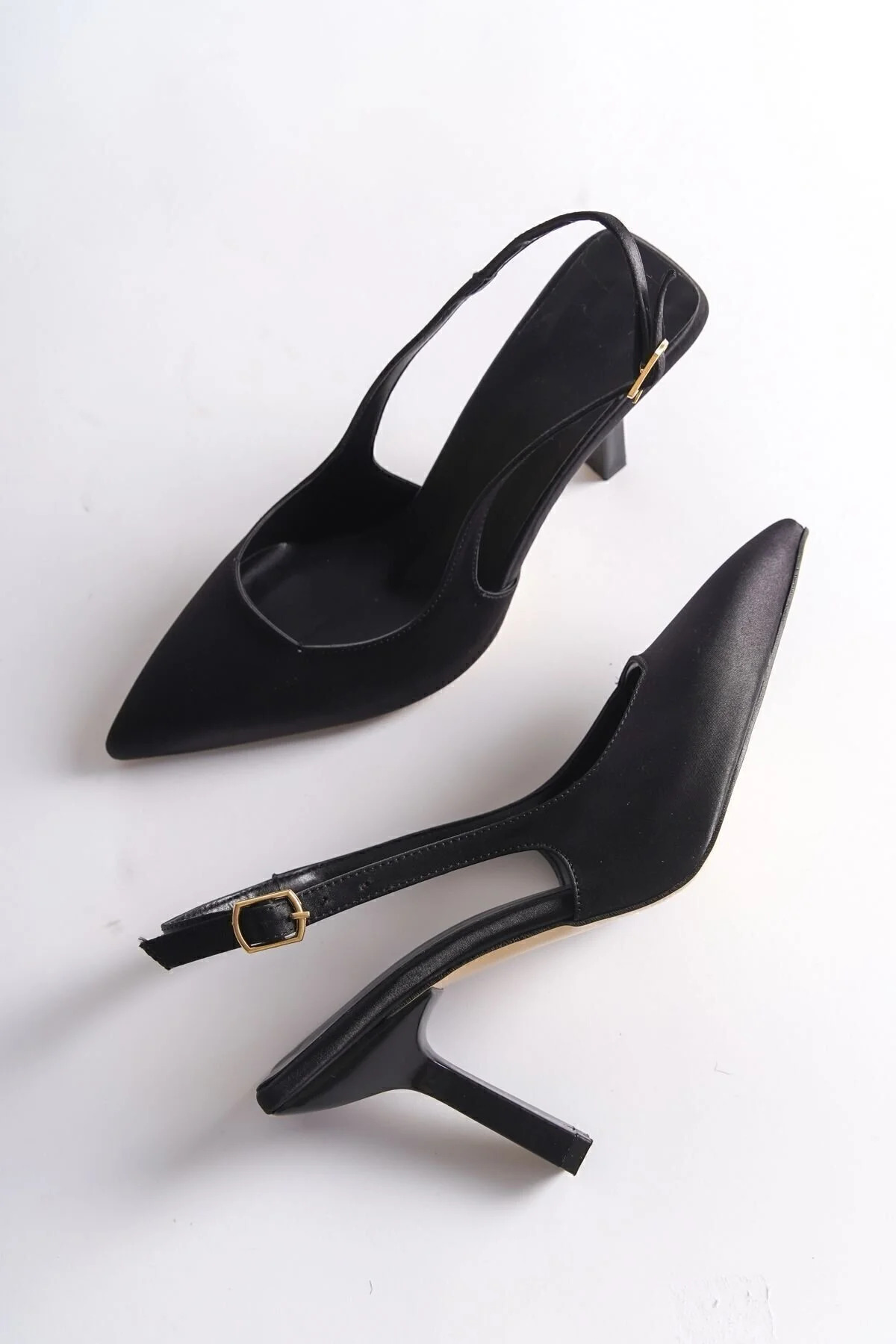 Genel Markalar  Saten Stiletto Sivri Burun Arkası Bantlı Topuğu Açık Günlük Rahat Kadın Topuklu Ayakkabı - Görsel 2