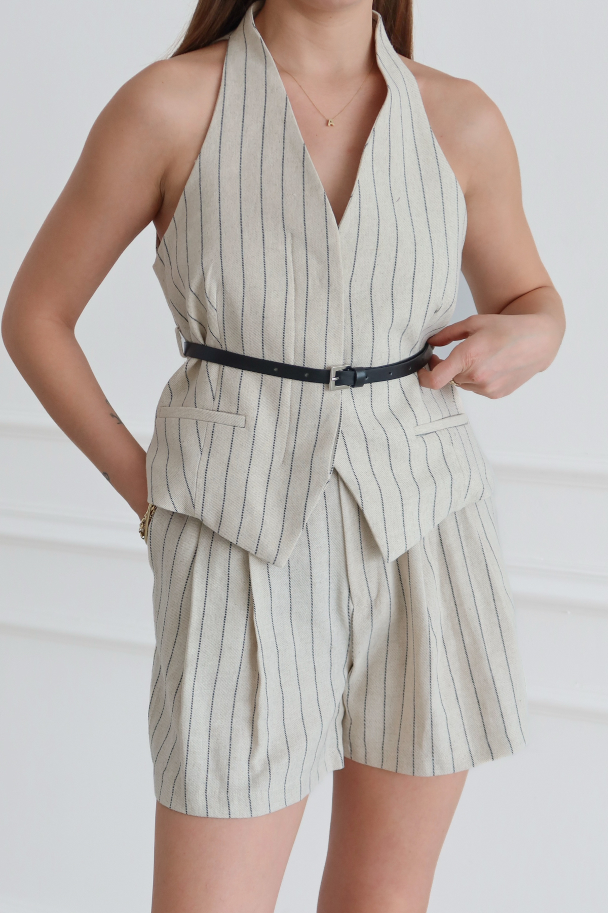 Trendyolmilla  Taş Çizgili %100 Keten Dokuma Alt - Üst Takım TWOSS26AU00074 - Görsel 3