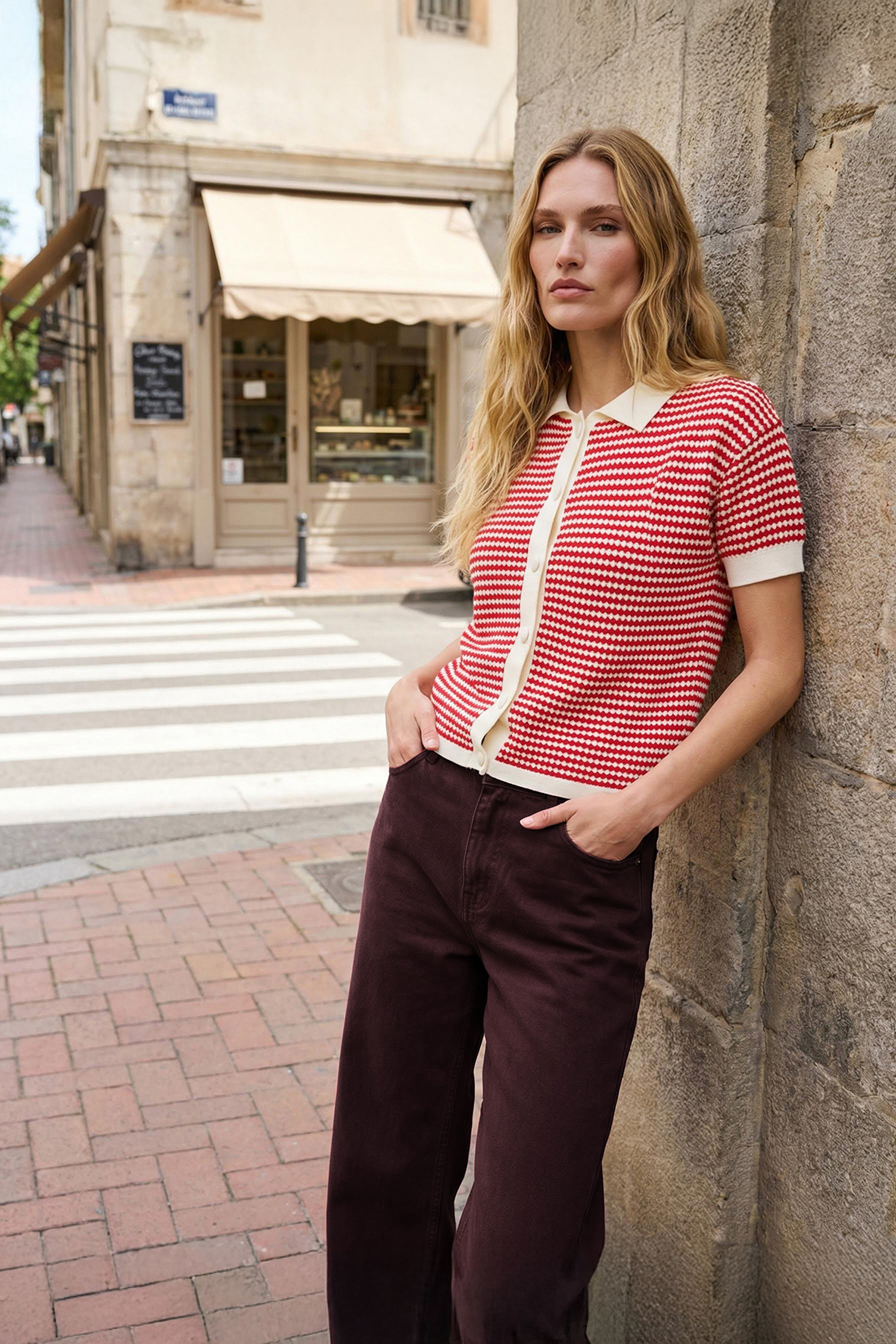 Trendyolmilla  Kırmızı Polo Yaka Çizgili Triko Bluz TWOSS25BZ00183 - Görsel 2