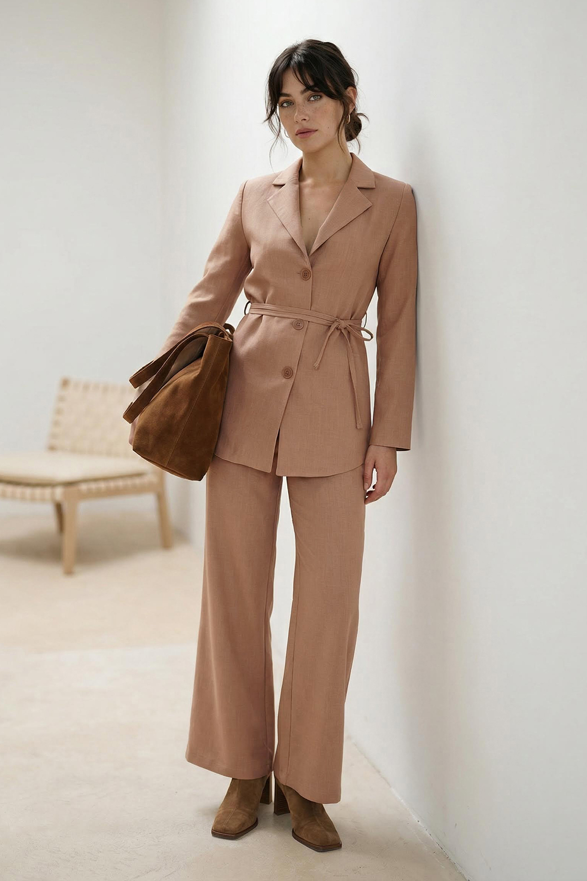 Trendyol Modest Ciemnobeżowa koszula z paskiem i spodnie w stylu lnianym - ze...