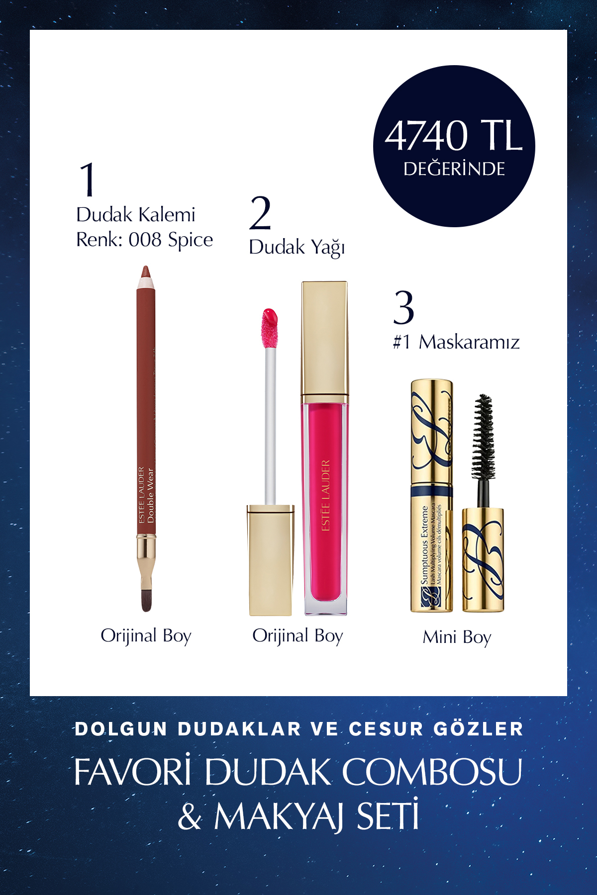 Estee Lauder Favori Dudak Combosu & Makyaj Seti - Dudak Kalemi, Dudak Yağı ve Mini Boy Maskara - Fiyatı, Yorumları