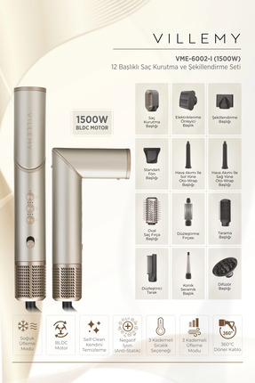 VILLEMY 12’si 1 Arada Çok Başlıklı Saç Kurutma ve Şekillendirme Seti – 1500 W...