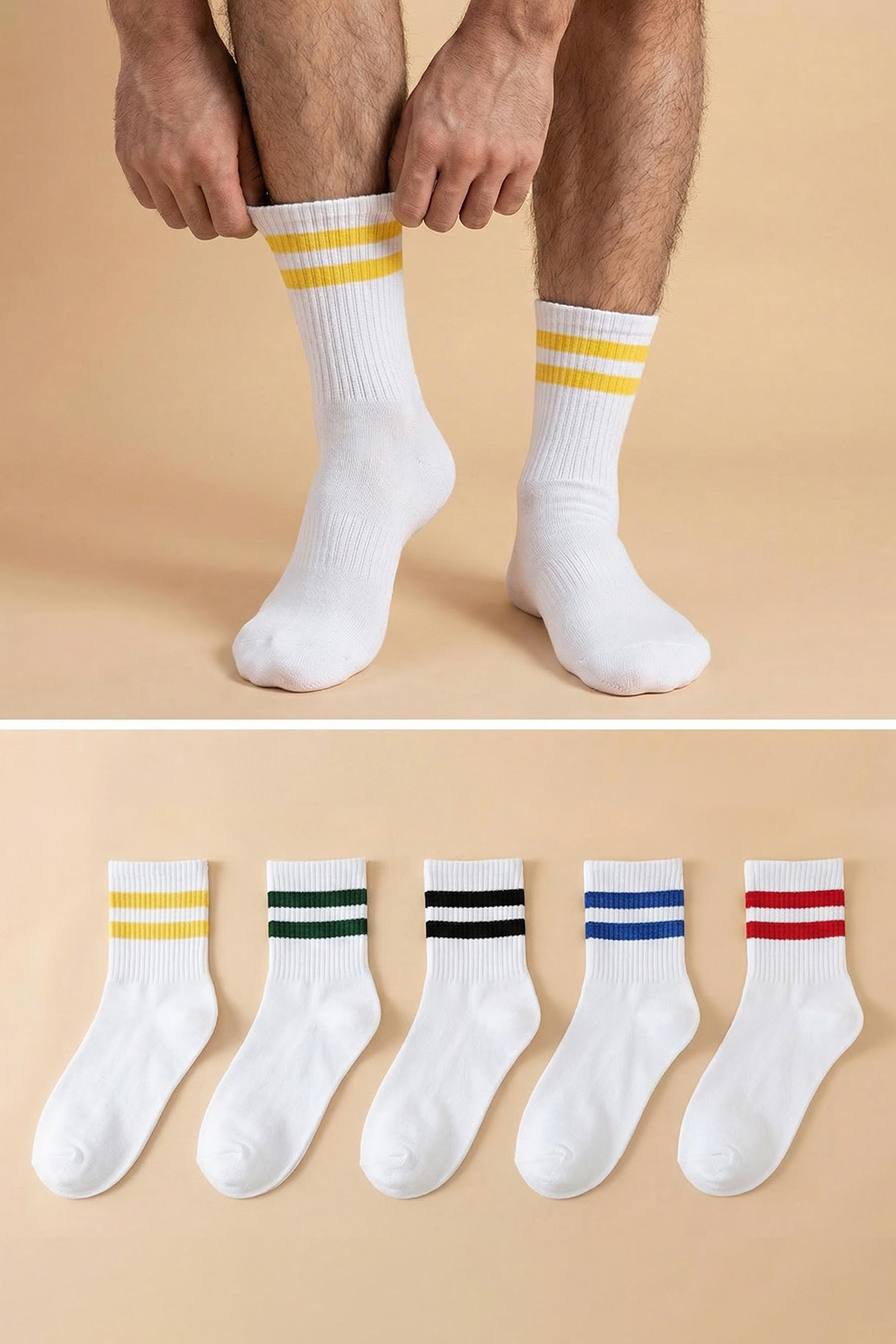 Trendyolmilla Man Beyaz 5'li Paket Renkli Çizgili Kolej-Tenis-Orta Boy Çorap TMNSS20CO0005