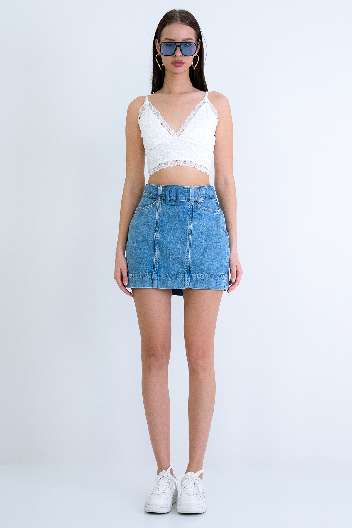 Trend Alaçatı Stili  Kadın Mavi Çift Cepli Kemerli Jean Mini Etek ALC-X15215 - Görsel 2
