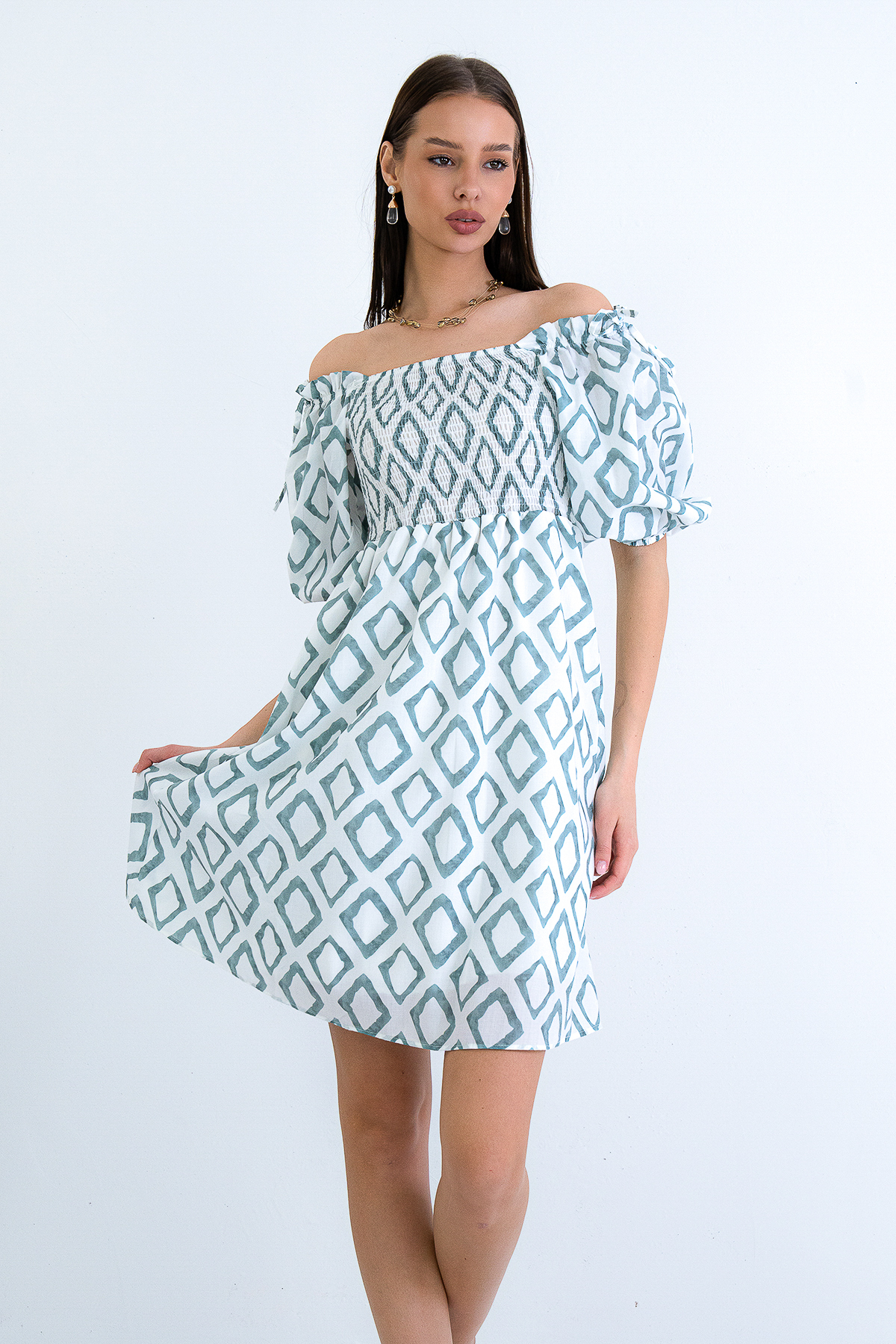 Trend Alaçatı Stili Green Square Neck Watermelon Sleeve Front
