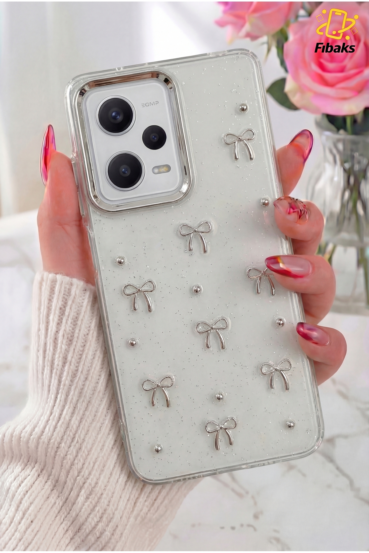 Redmi Note 12 Pro 5G Case Bow Pattern Transparent Glitter Silver Camera Protruding Shiny Cover