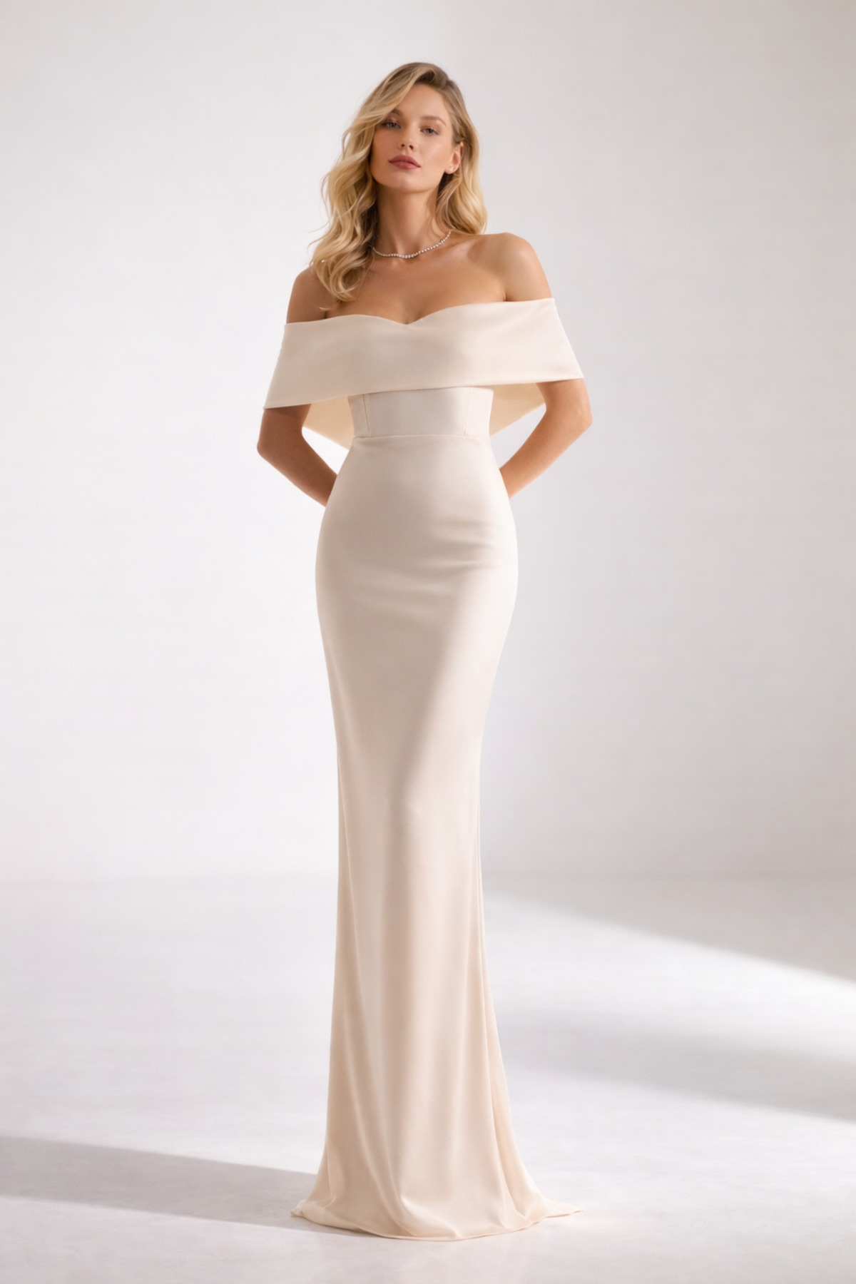 PAMELLA MADONNA NECK SATIN ECRU ENGAGEMENT DRESS