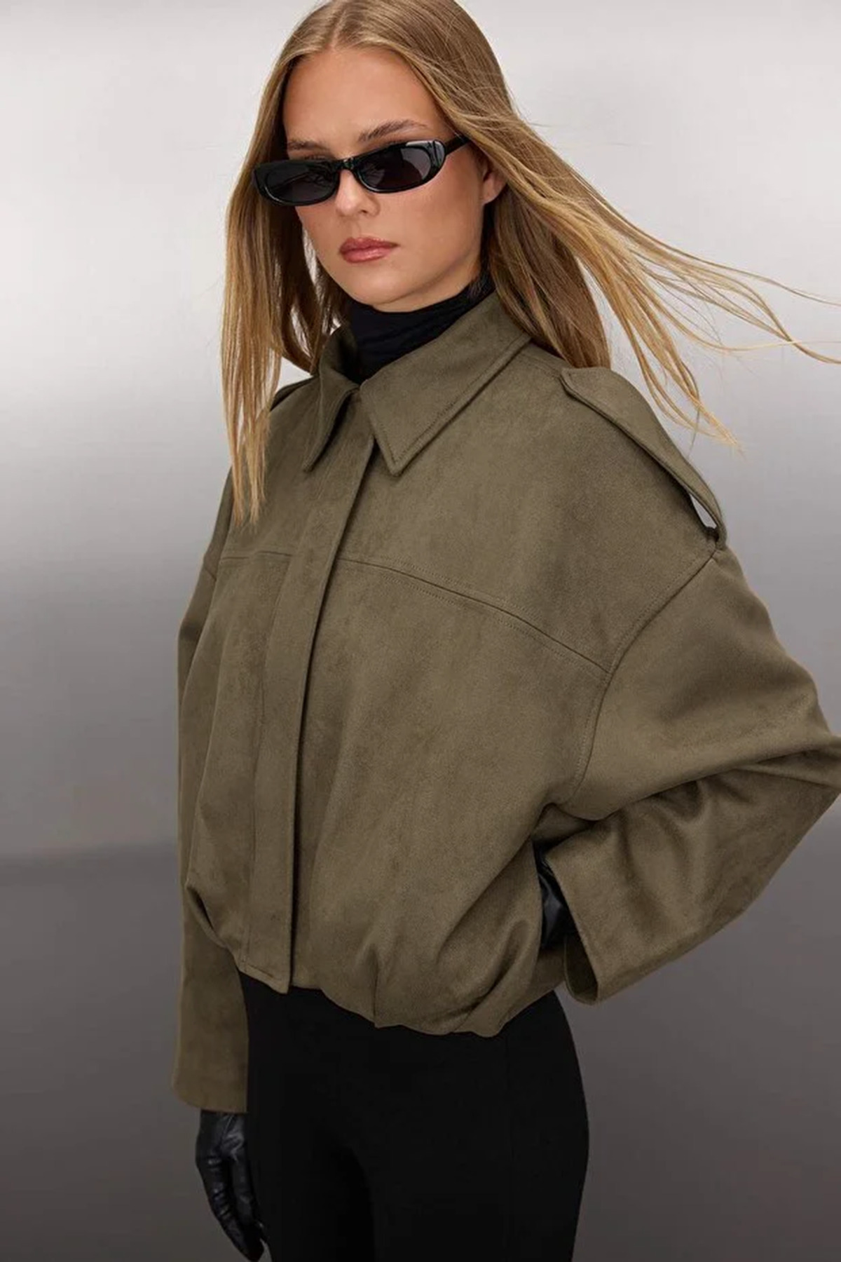 Trendyol Collection Khaki Oversize Mold Suede Bomber Thin Jacket Coat TWOAW26...