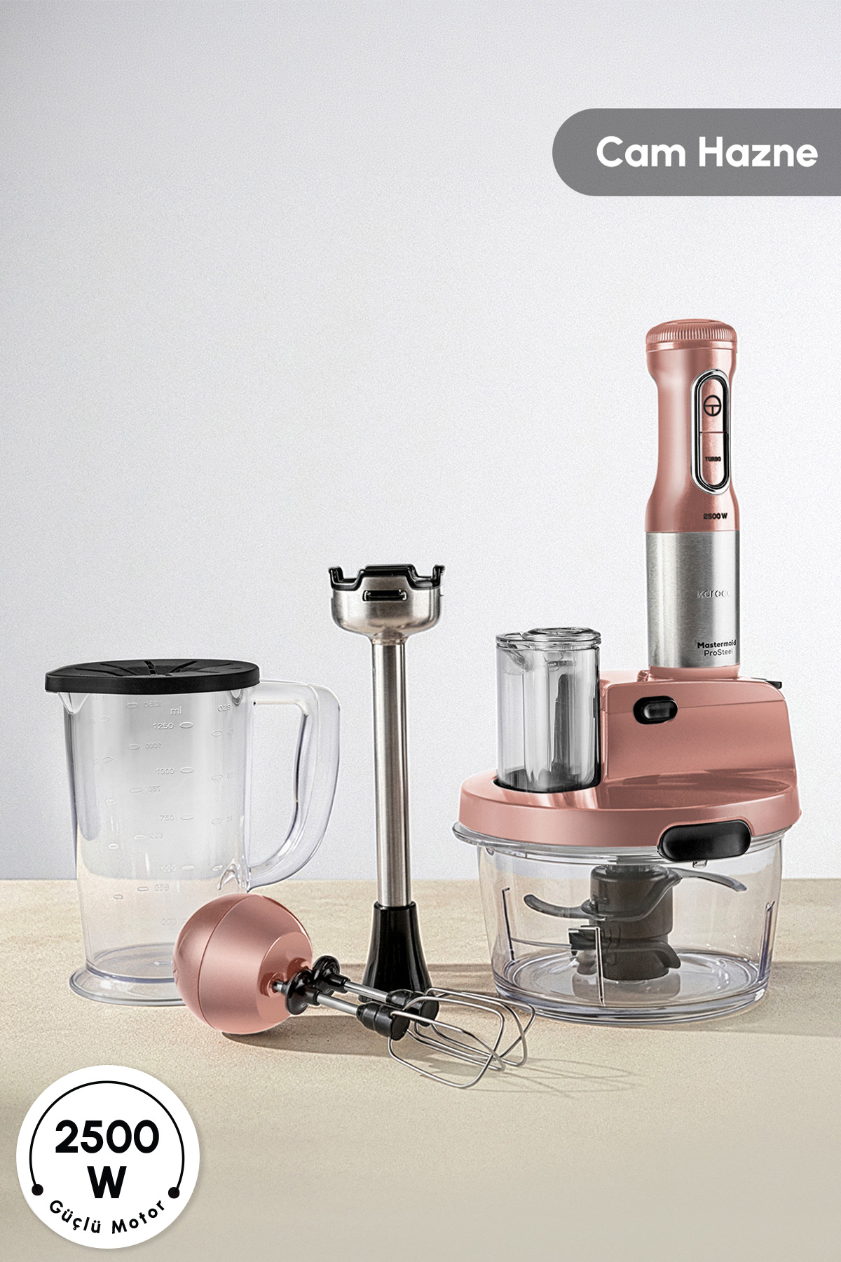 Mastermaid Prosteel Glass Food Processor Long Blender Legs 6 Blades 2500W Rosegold