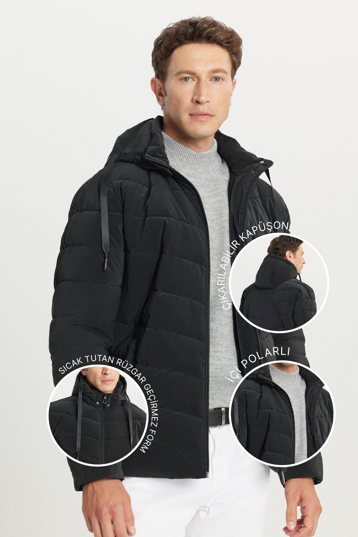 AC&Co / Altınyıldız Classics  Erkek Siyah Dolgulu Standart Fit Normal Kesim Dik Yaka Kapüşonlu Yan Cepli Mont Kaban