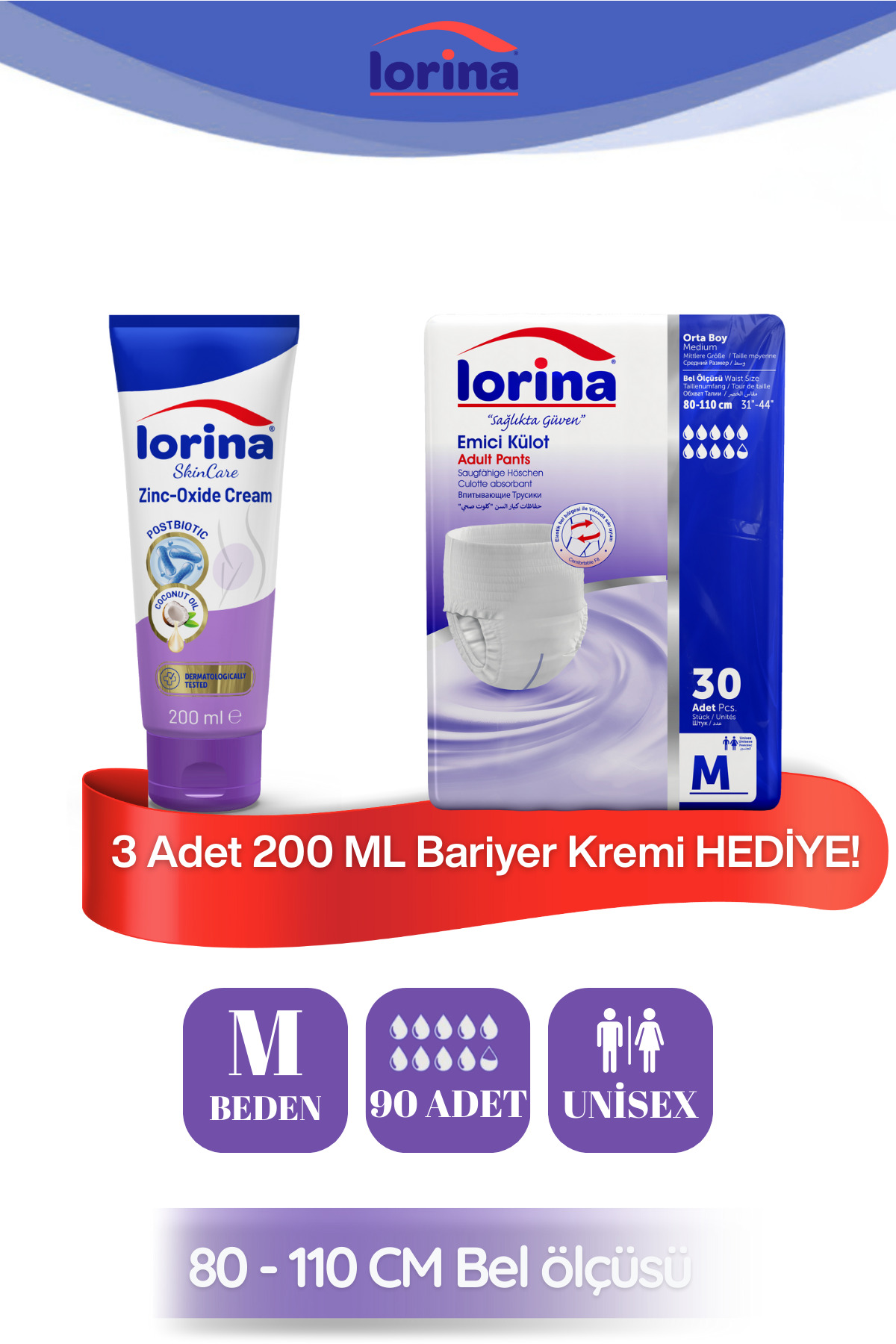 Lorina Emici Külot Hasta Bezi Medium 90'lı - 200 ML Bariyer Kremi Hediyeli
