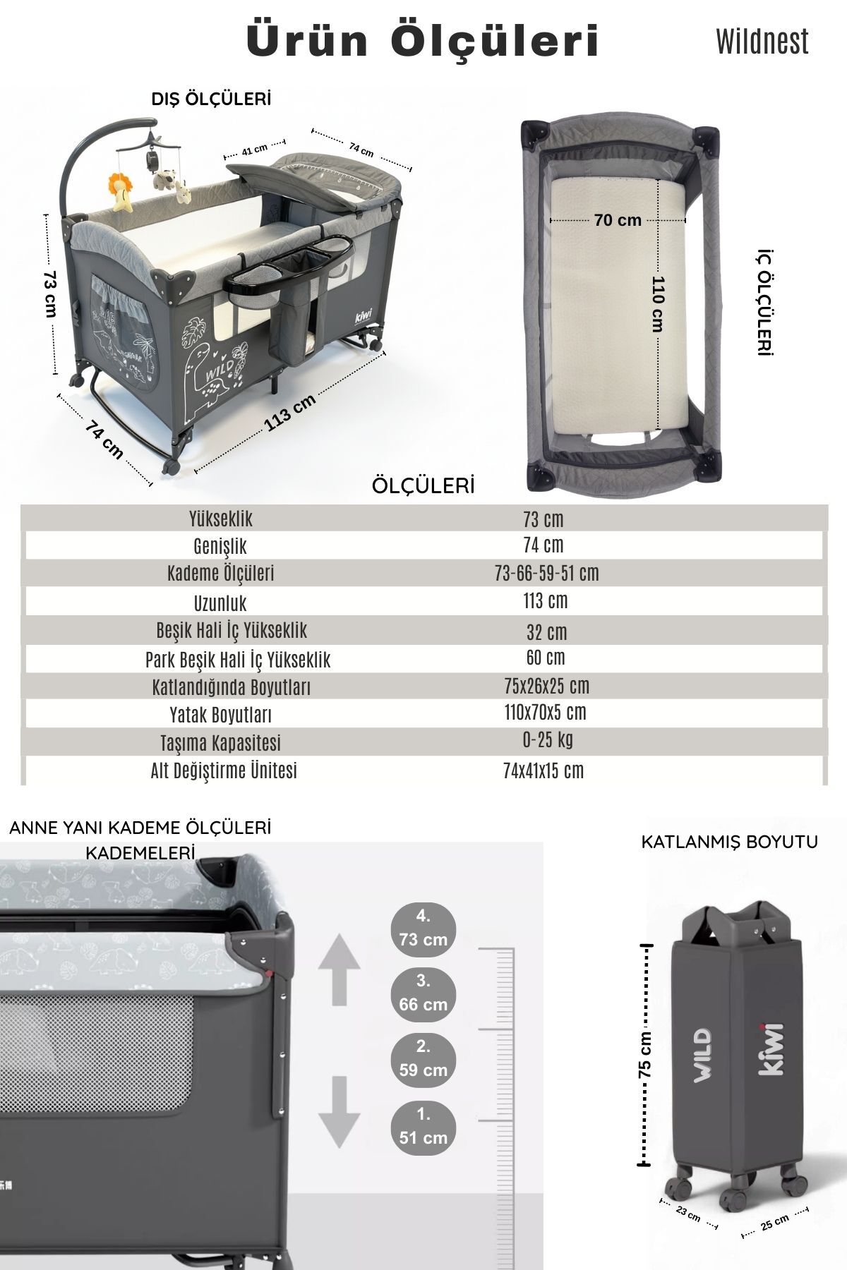 Kiwi Wild 3in1 Anne Yanı Park Yatak Katlanır Beşik, Tekerlekli, Yan Açılır, Müzik+Oyuncak+Cibinlik 70x110 fotoğrafı 3 (önizleme)