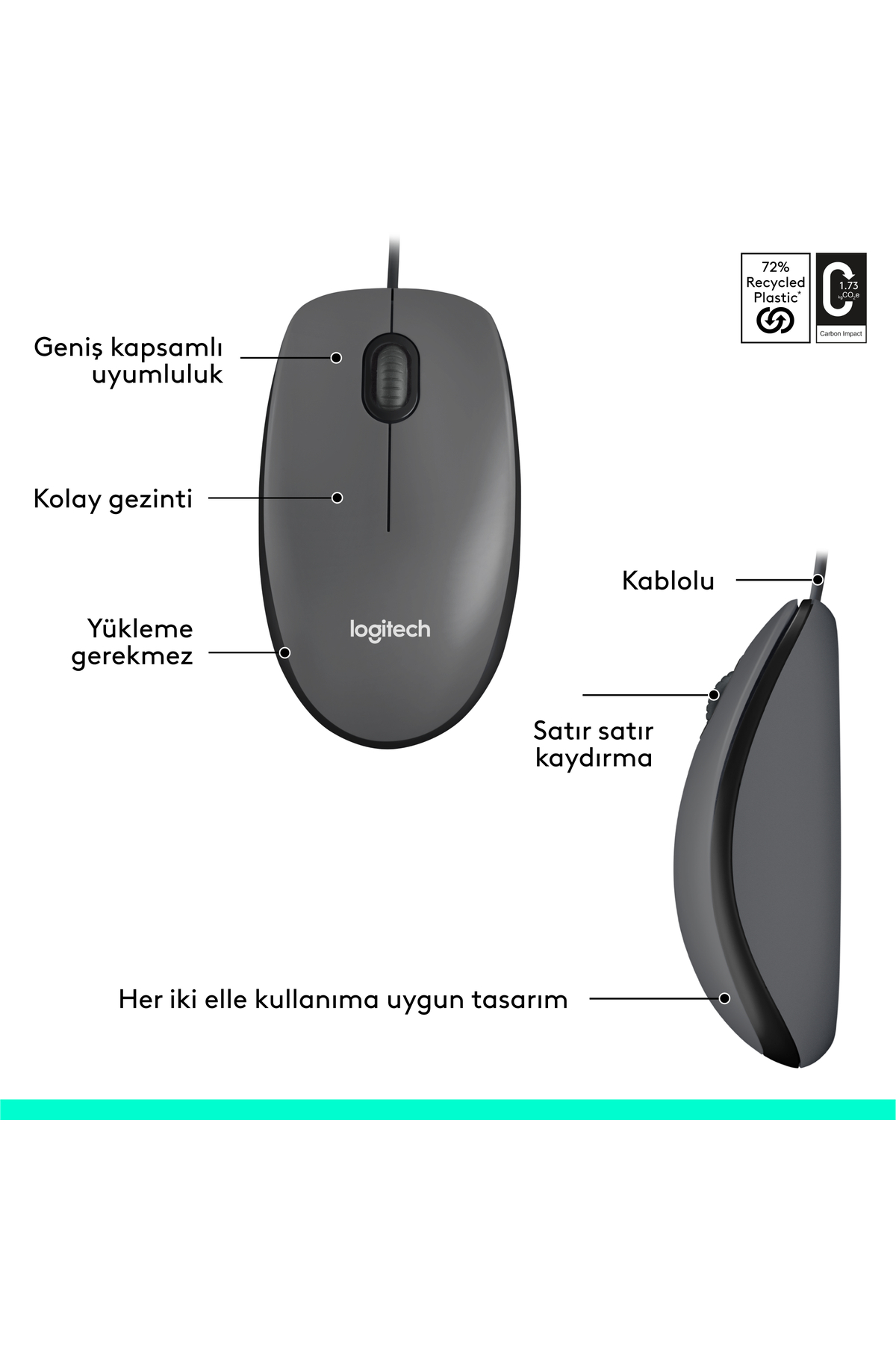 M100 USB Kablolu 1000 DPI Mouse, Siyah 910-006652 9