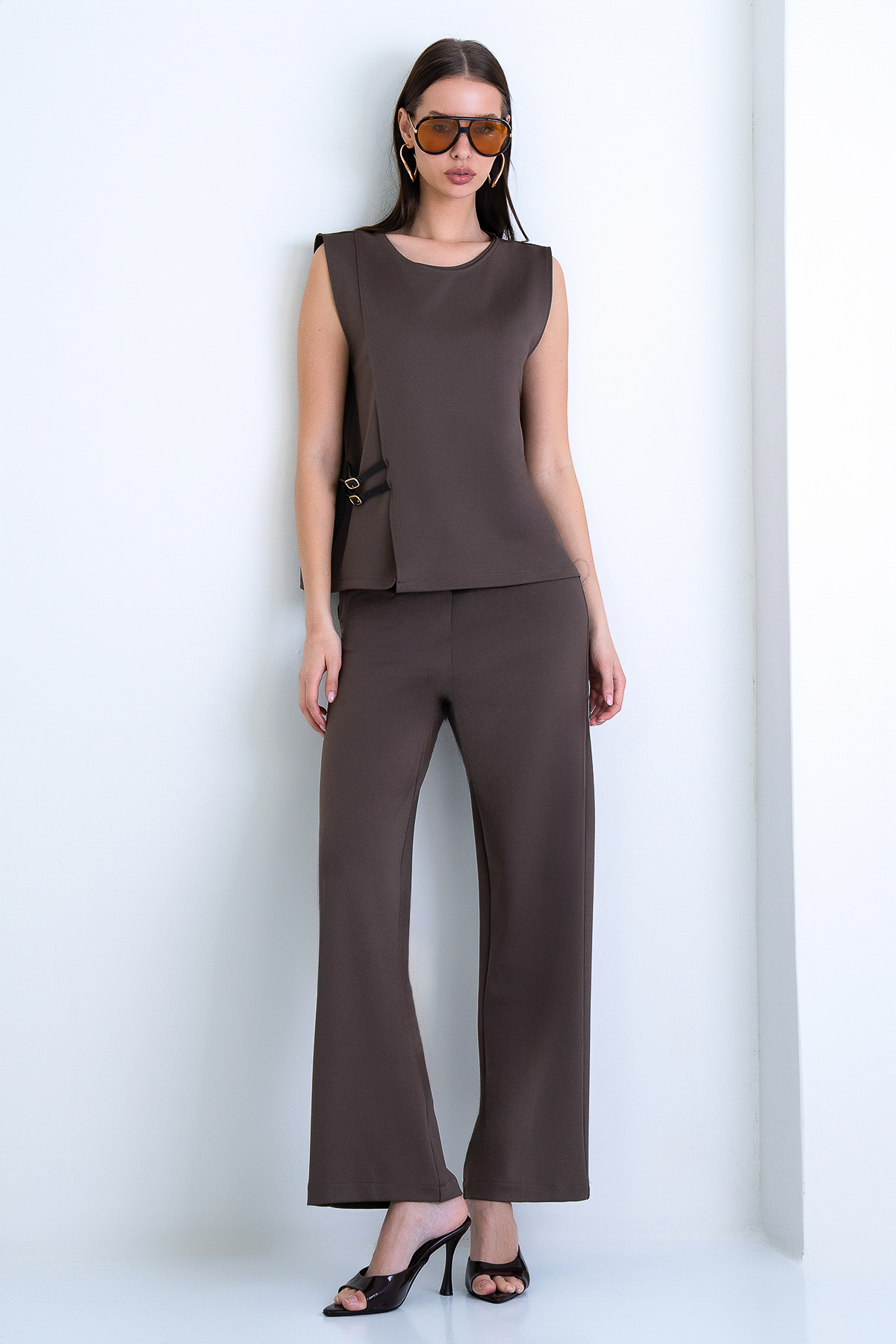 Brown Crew Neck Leather Buckle Sleeveless Blouse And Pocket Palazzo Pants Set ALC-X14444
