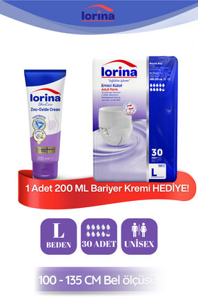 LORİNA Emici Külot Hasta Bezi Large 30 Adet - 200 ML Bariyer Kremi Hediyeli