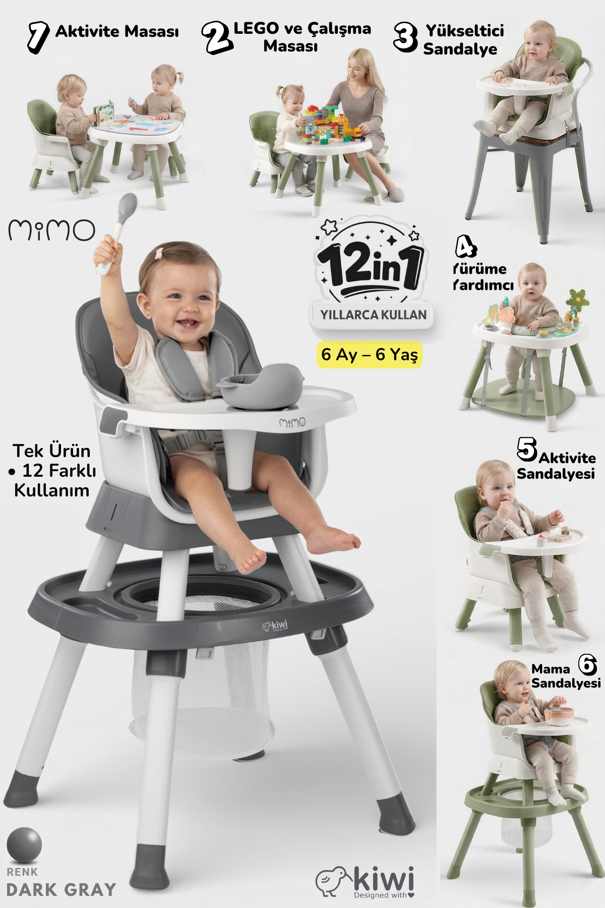 Kiwi Mimo 12’si 1 Arada Çok Fonksiyonlu Mama Sandalyesi – Oyun & Aktivite Masası , Yükseltici - Koyu Gri fotoğrafı 2 (önizleme)