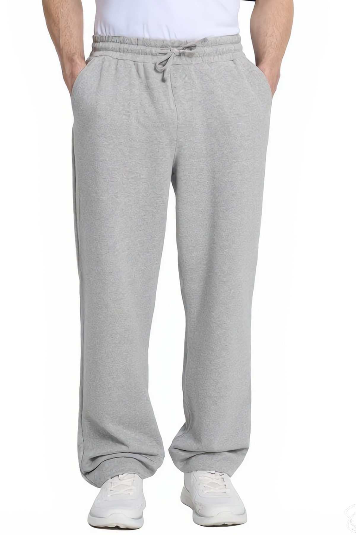 Men's Gray Cotton Baggy Fit Comfortable Cut Waist Lace-up Knitted Sweatpants with Side Pockets